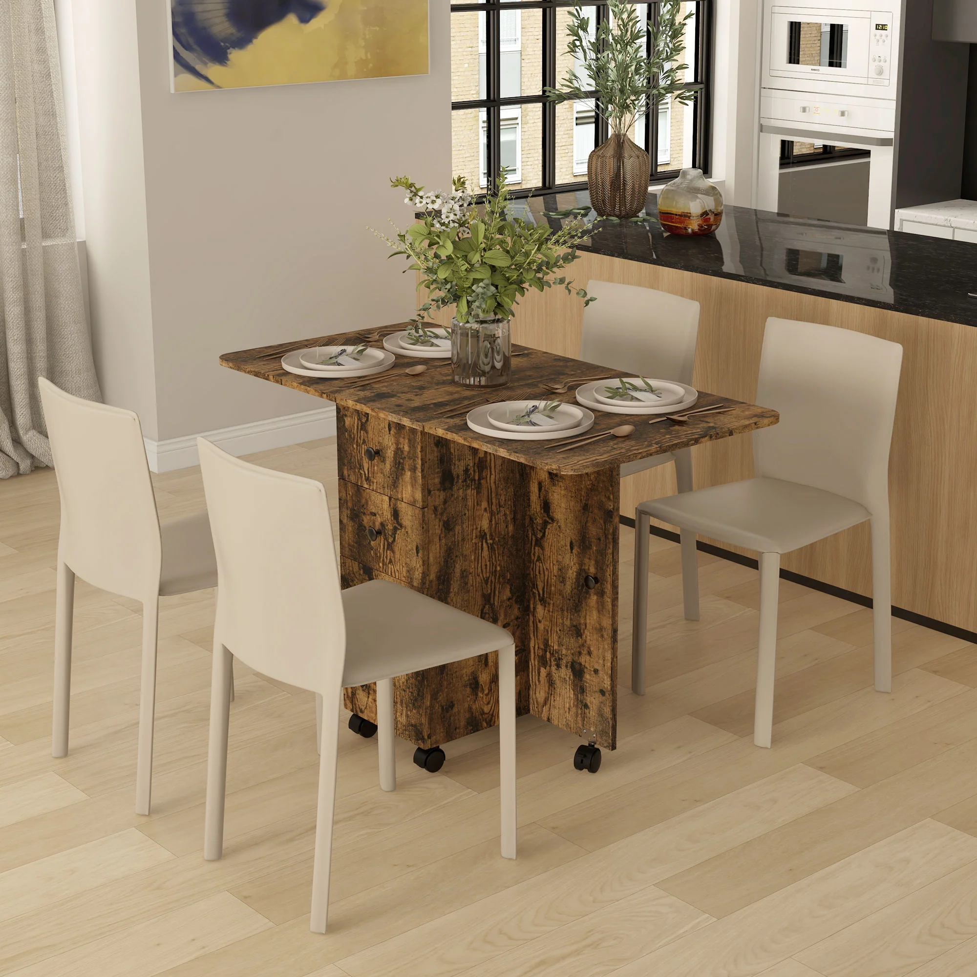 HOMCOM Folding Dining Table, Drop Leaf Table With Drawers Distressed - Image 38