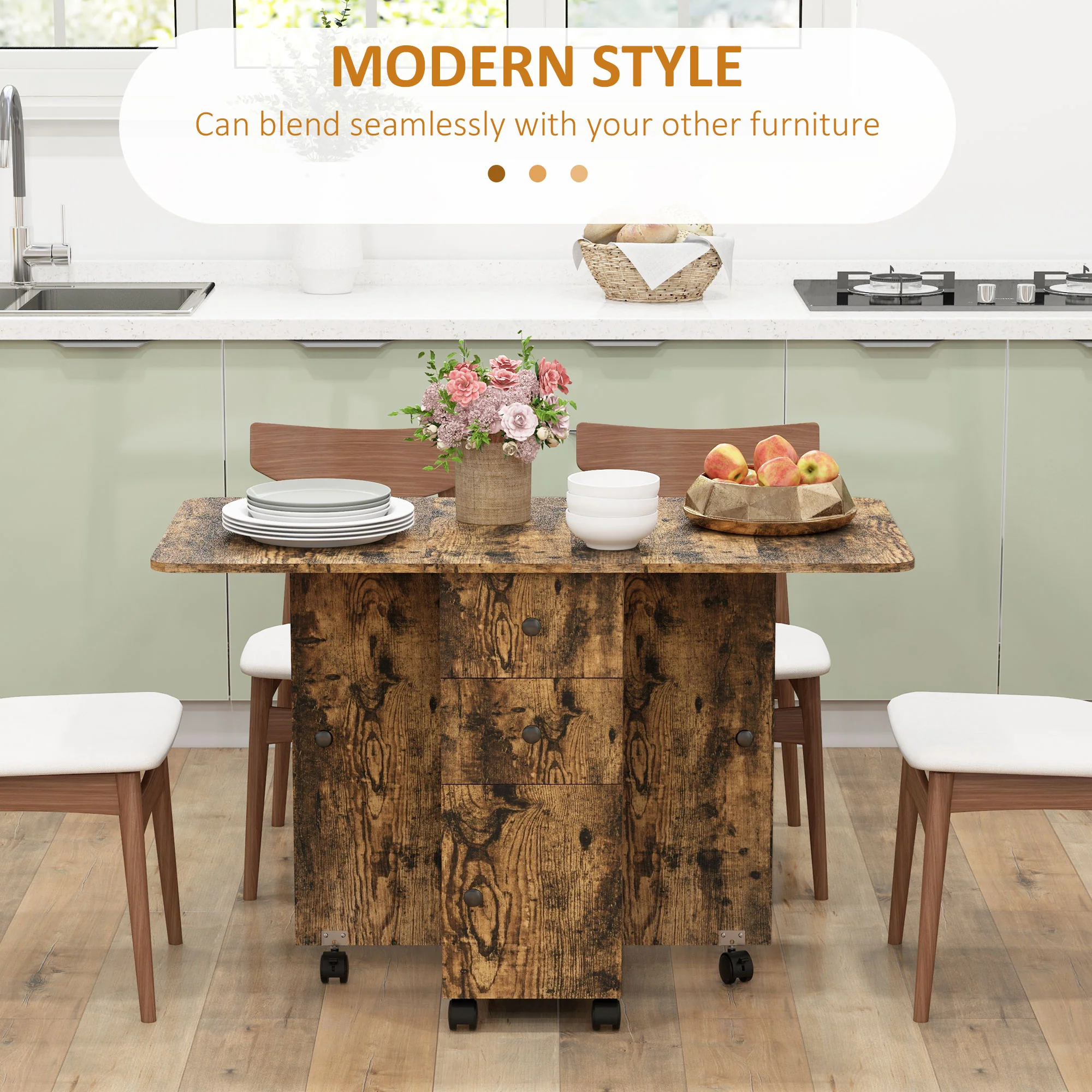 HOMCOM Folding Dining Table, Drop Leaf Table With Drawers Distressed - Image 39