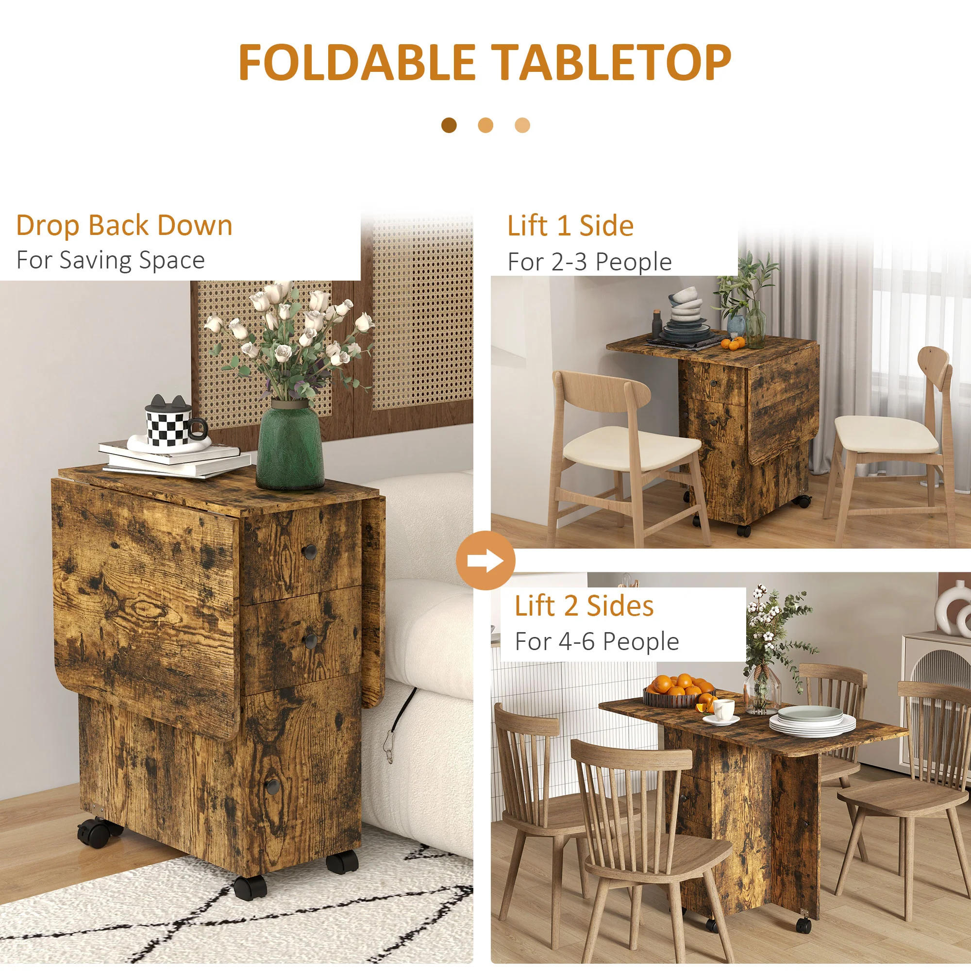 HOMCOM Folding Dining Table, Drop Leaf Table With Drawers Distressed - Image 40
