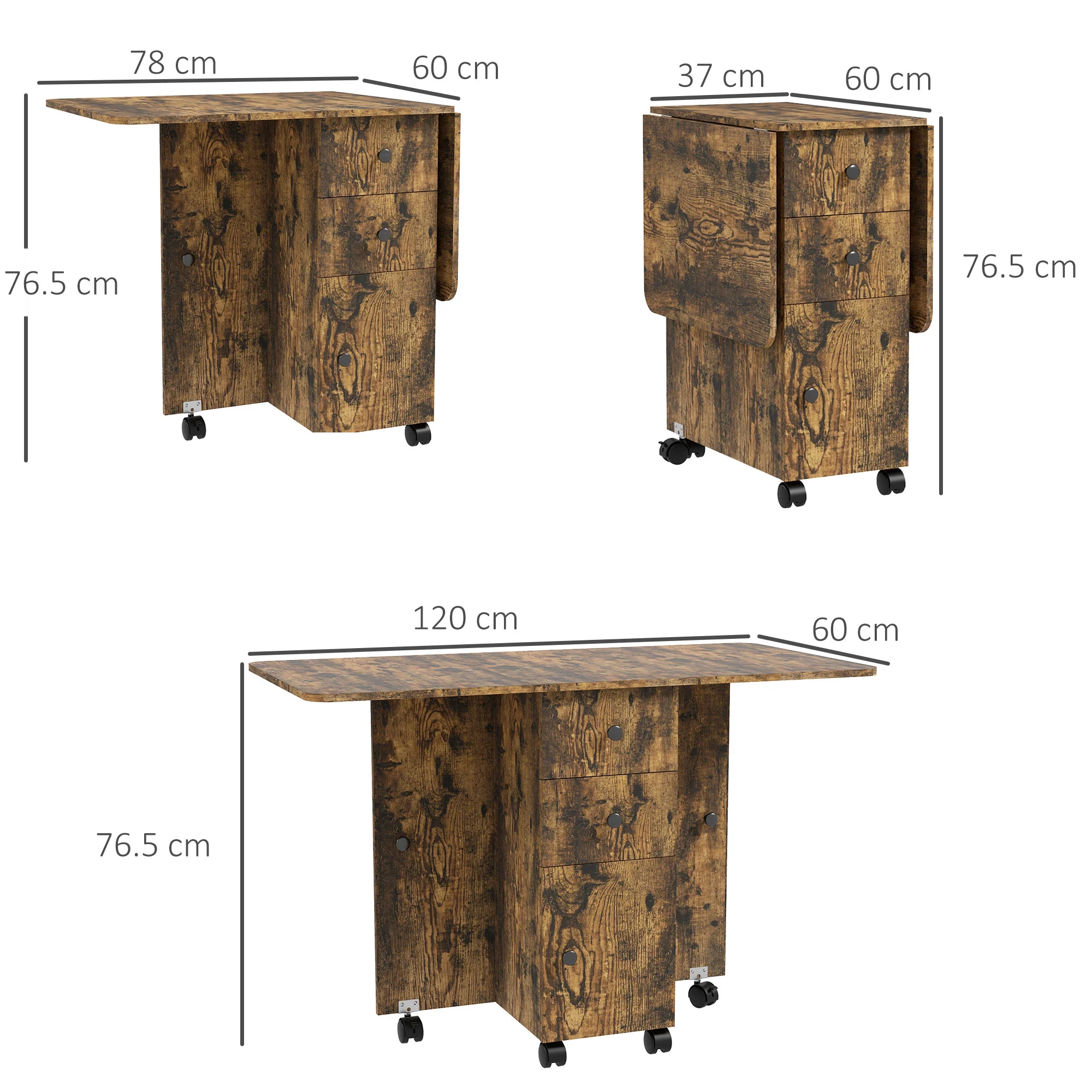 HOMCOM Folding Dining Table, Drop Leaf Table With Drawers Distressed - Image 41