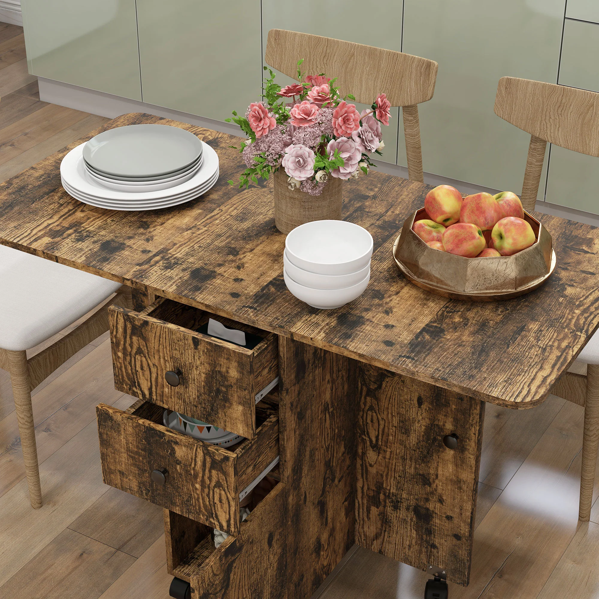 HOMCOM Folding Dining Table, Drop Leaf Table With Drawers Distressed - Image 44