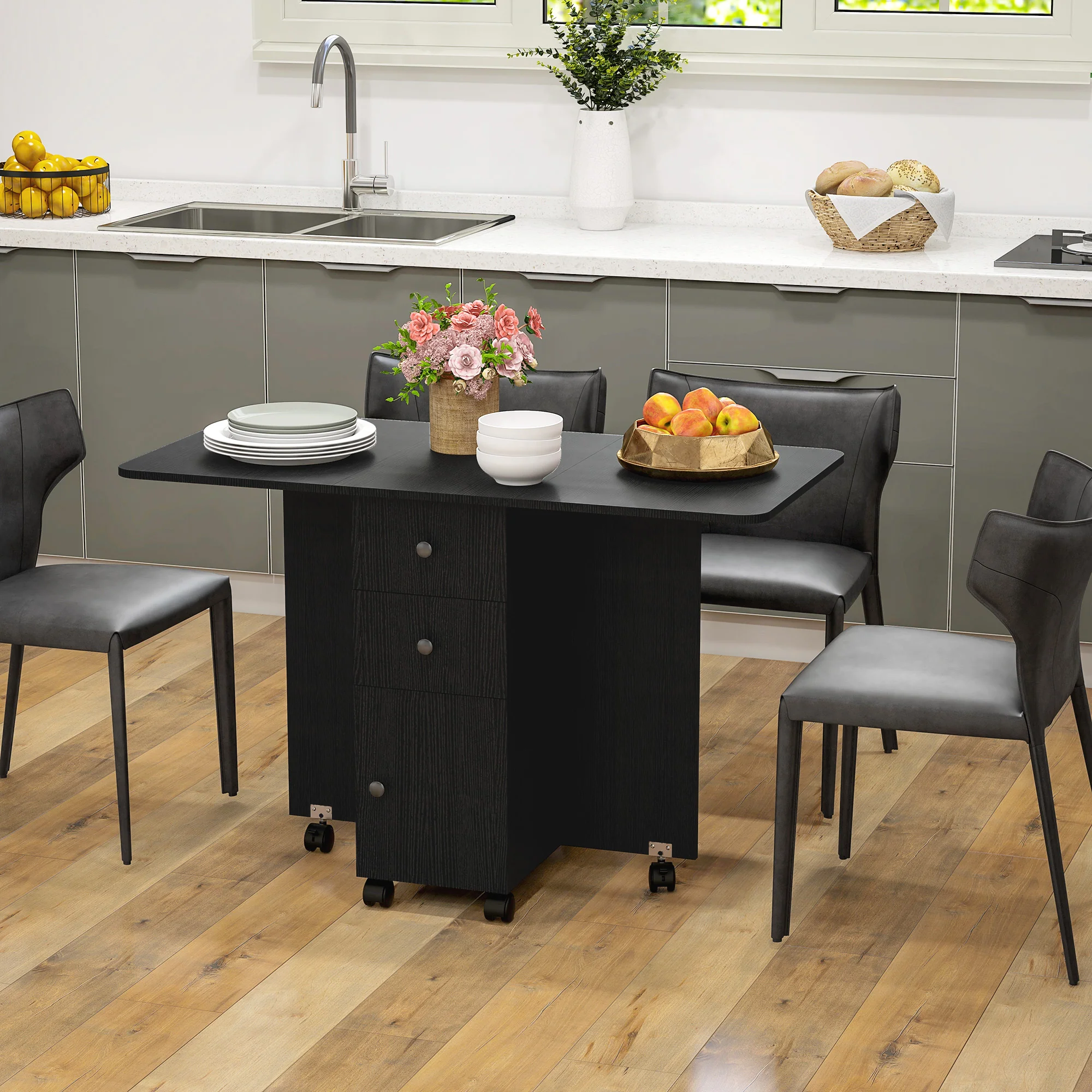 HOMCOM Folding Dining Table, Drop Leaf Table With Drawers Distressed - Image 8