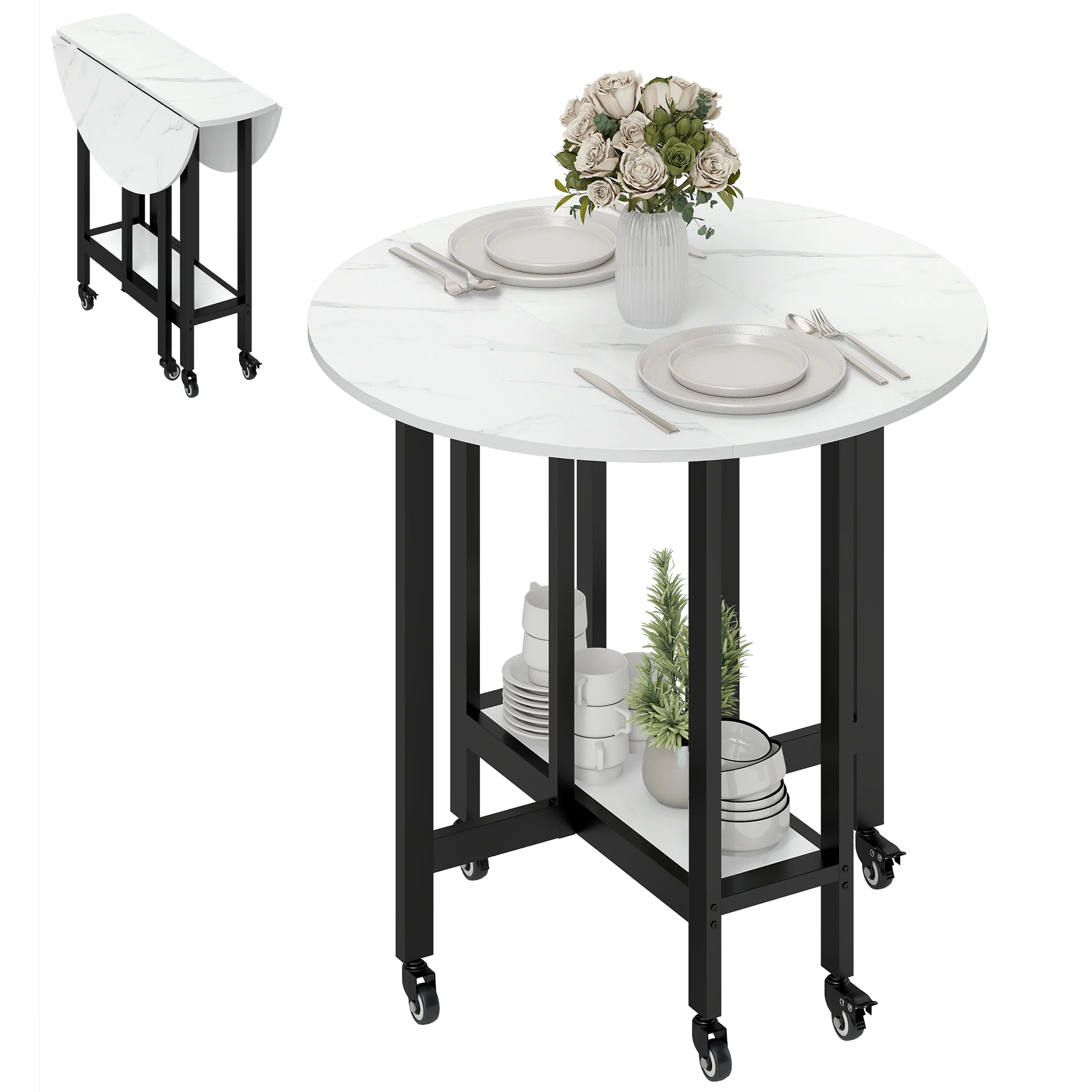 HOMCOM Folding Dining Table, Drop Leaf Table With Open Shelf, White Marble