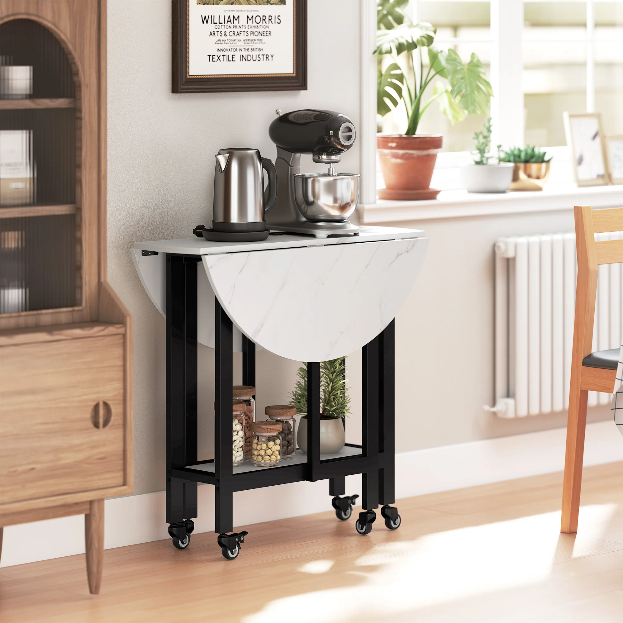 HOMCOM Folding Dining Table, Drop Leaf Table With Open Shelf, White Marble - Image 8
