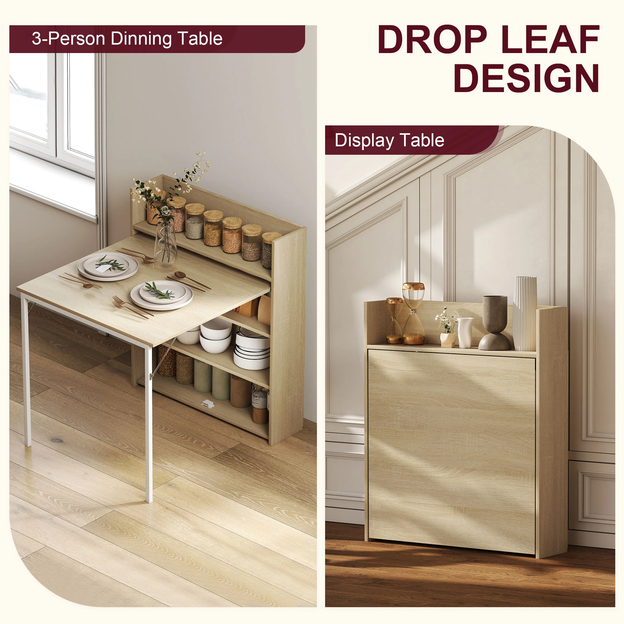 HOMCOM Folding Dining Table, Kitchen Table with Shelves Oak Wood Effect - Image 3