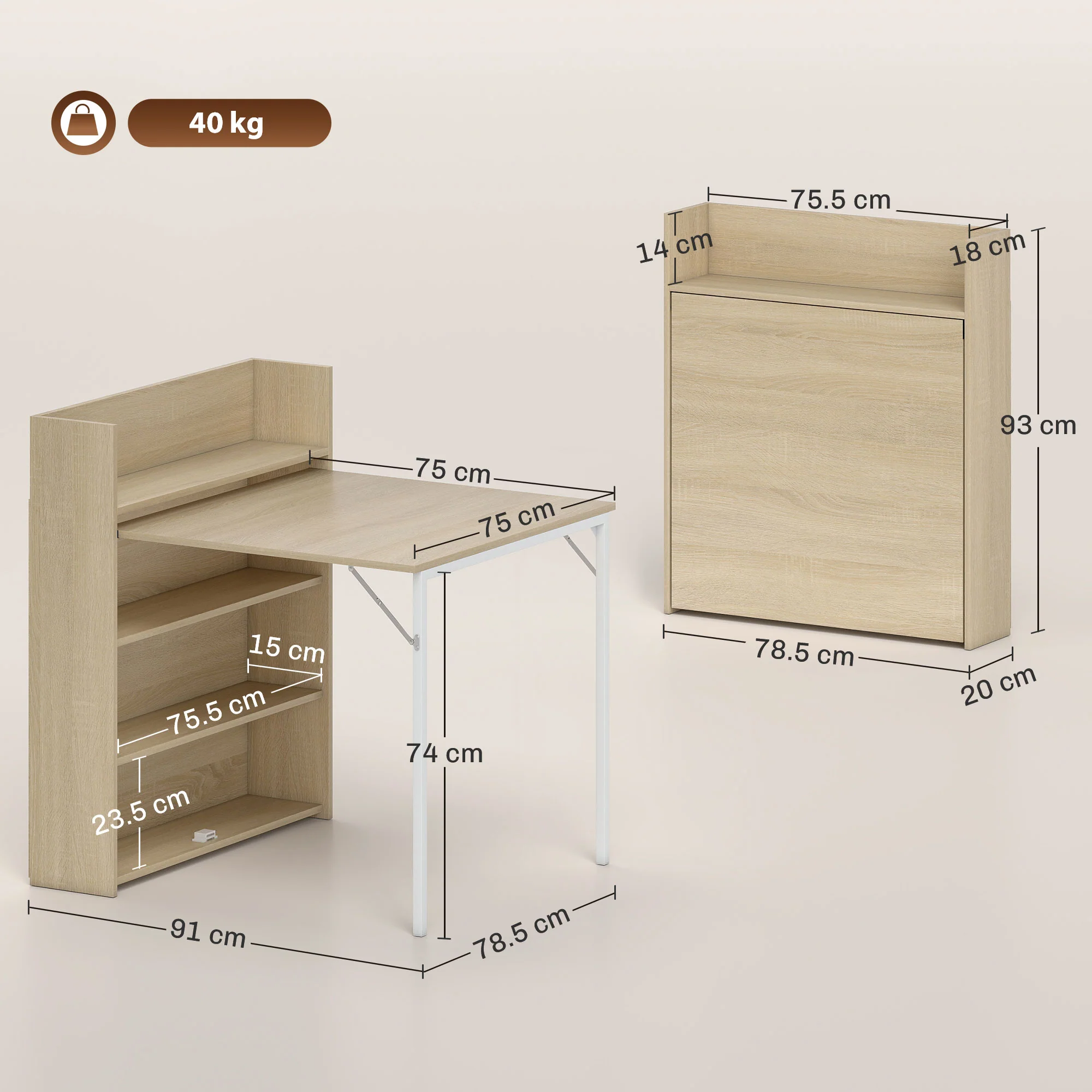 HOMCOM Folding Dining Table, Kitchen Table with Shelves Oak Wood Effect - Image 5