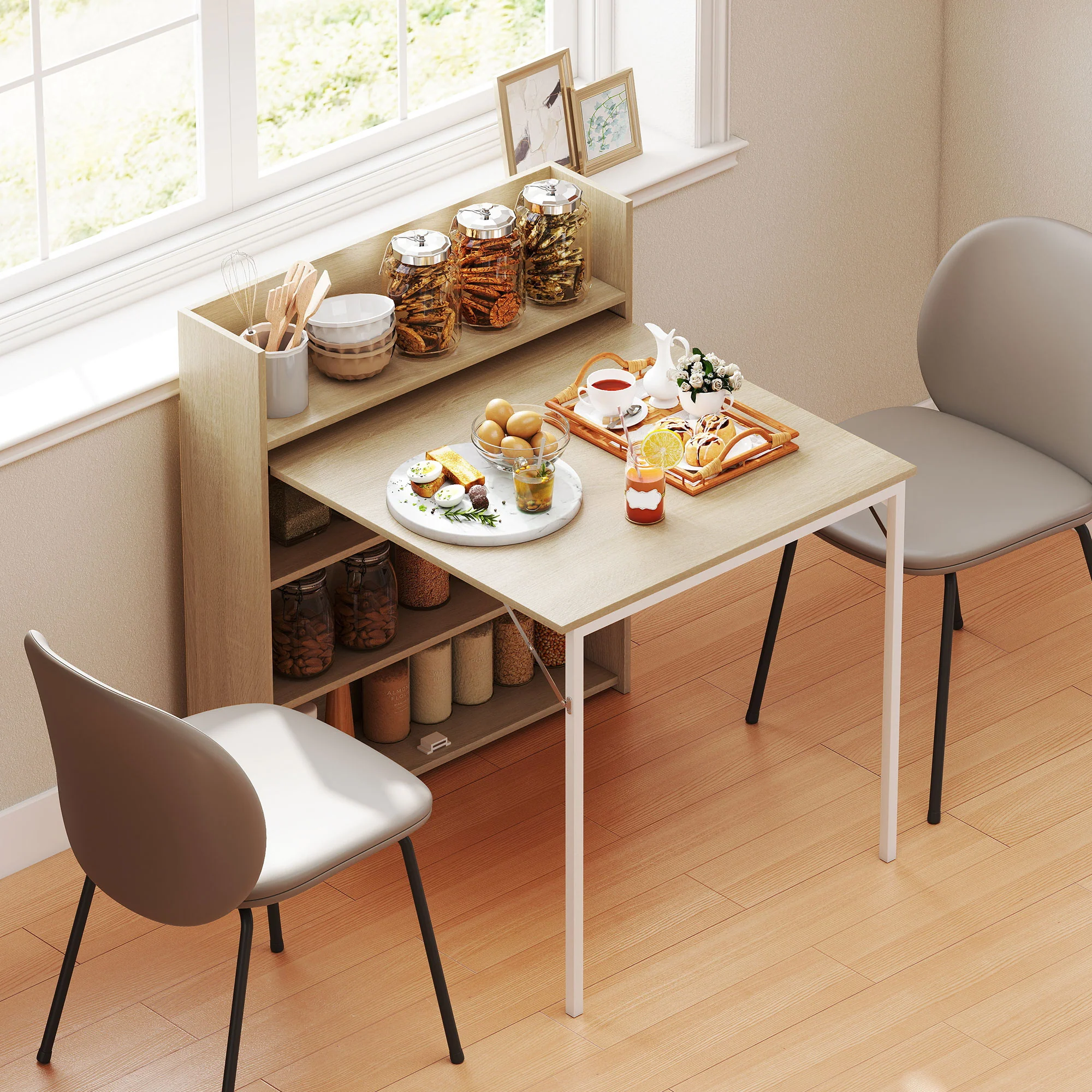 HOMCOM Folding Dining Table, Kitchen Table with Shelves Oak Wood Effect - Image 7