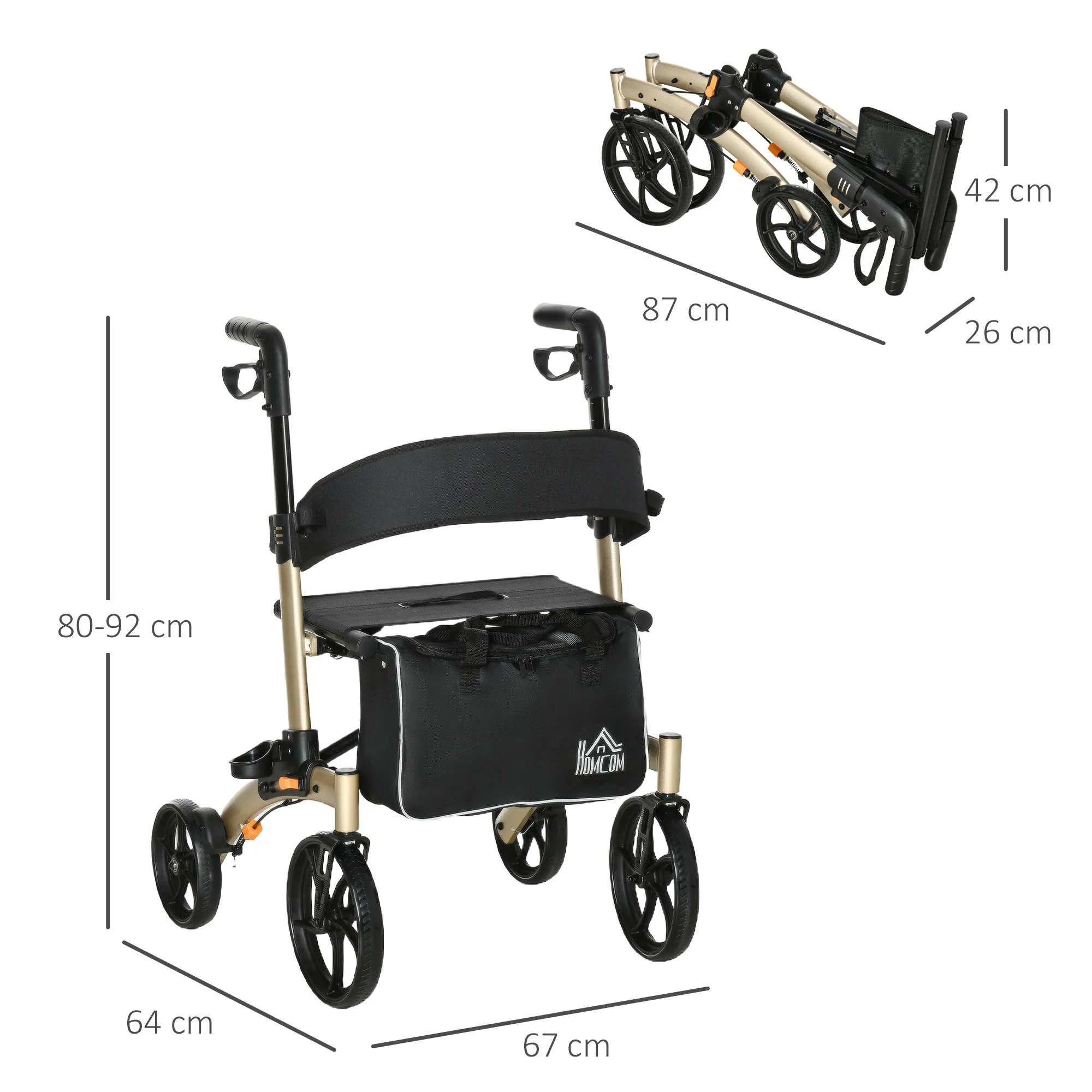 HOMCOM Folding Rollator, 4 Wheeled Aluminum Mobility Walker With Seat And Bag - Image 5