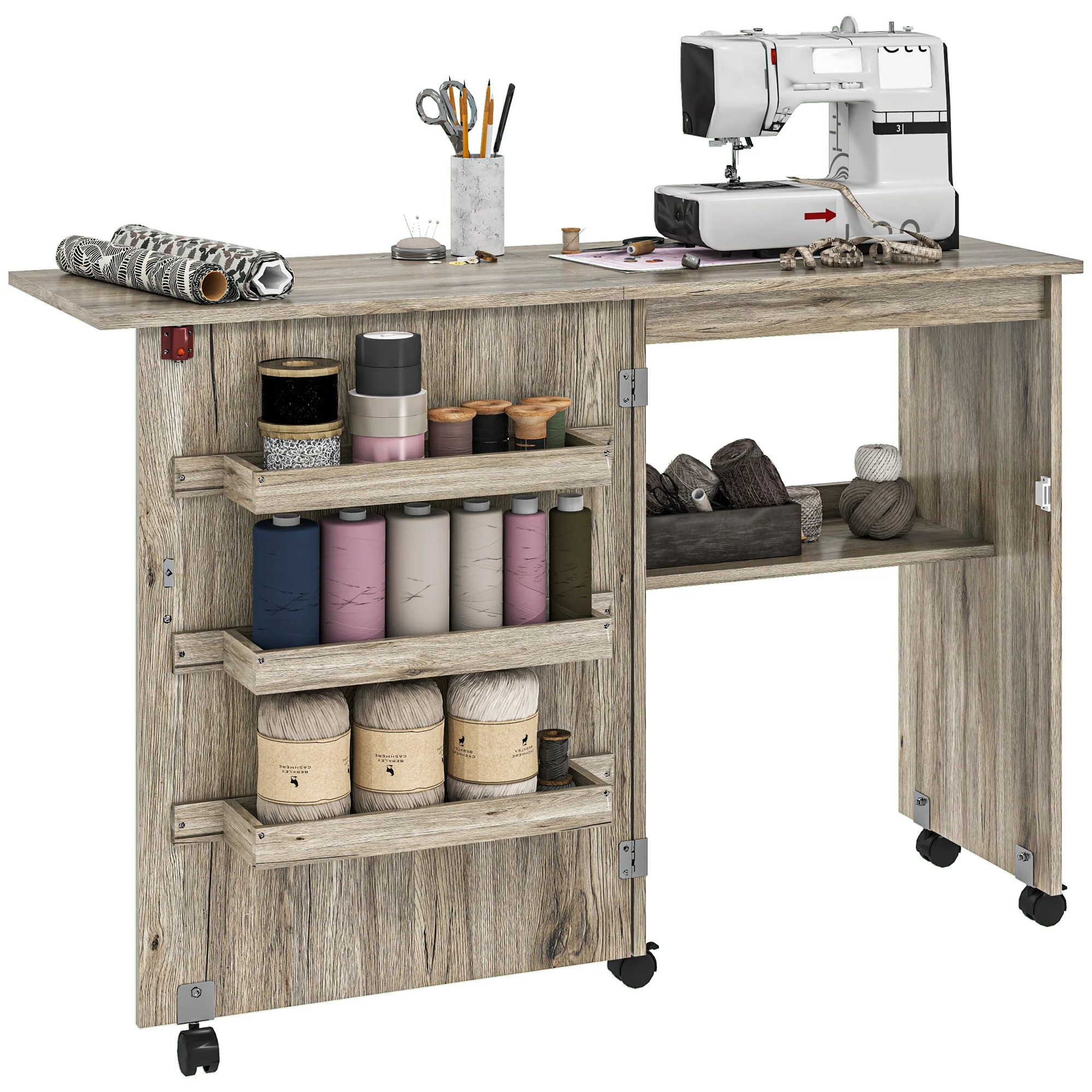 HOMCOM Folding Sewing Table Rolling Craft Table With Drop Leaf Wheels