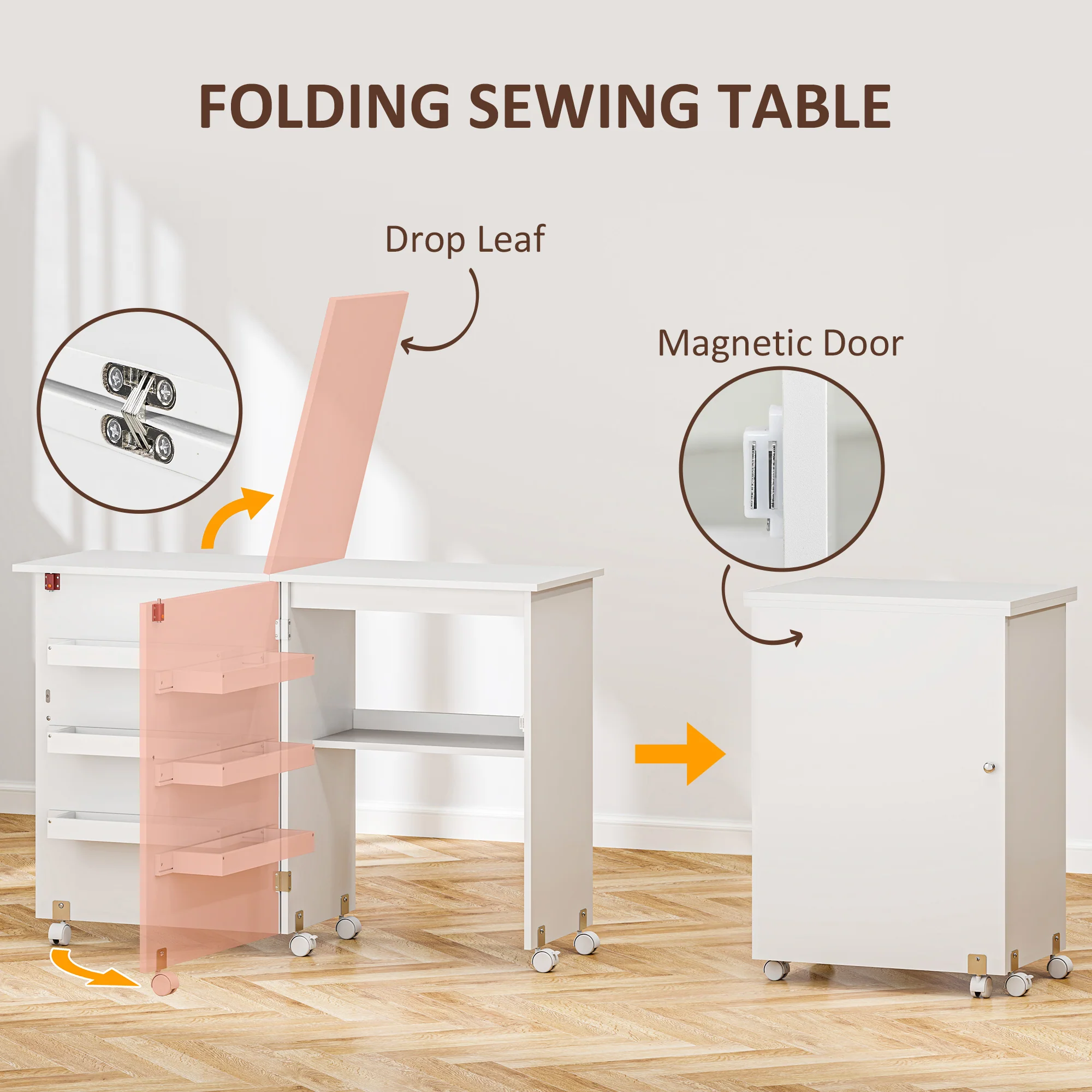 HOMCOM Folding Sewing Table Rolling Craft Table With Drop Leaf Wheels - Image 12