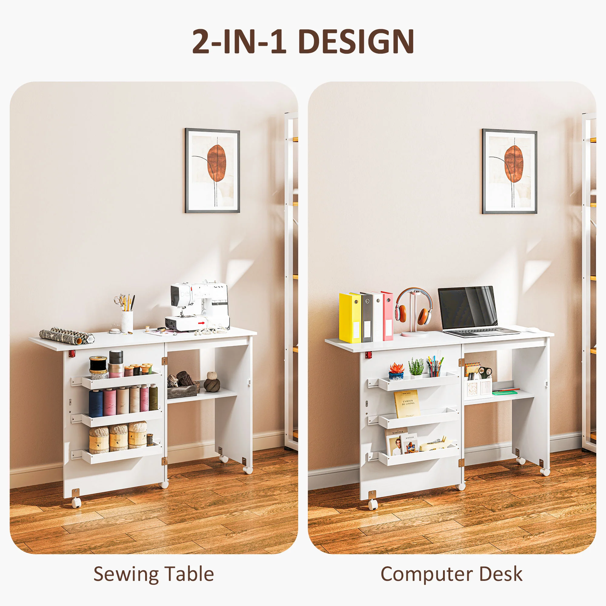 HOMCOM Folding Sewing Table Rolling Craft Table With Drop Leaf Wheels - Image 15