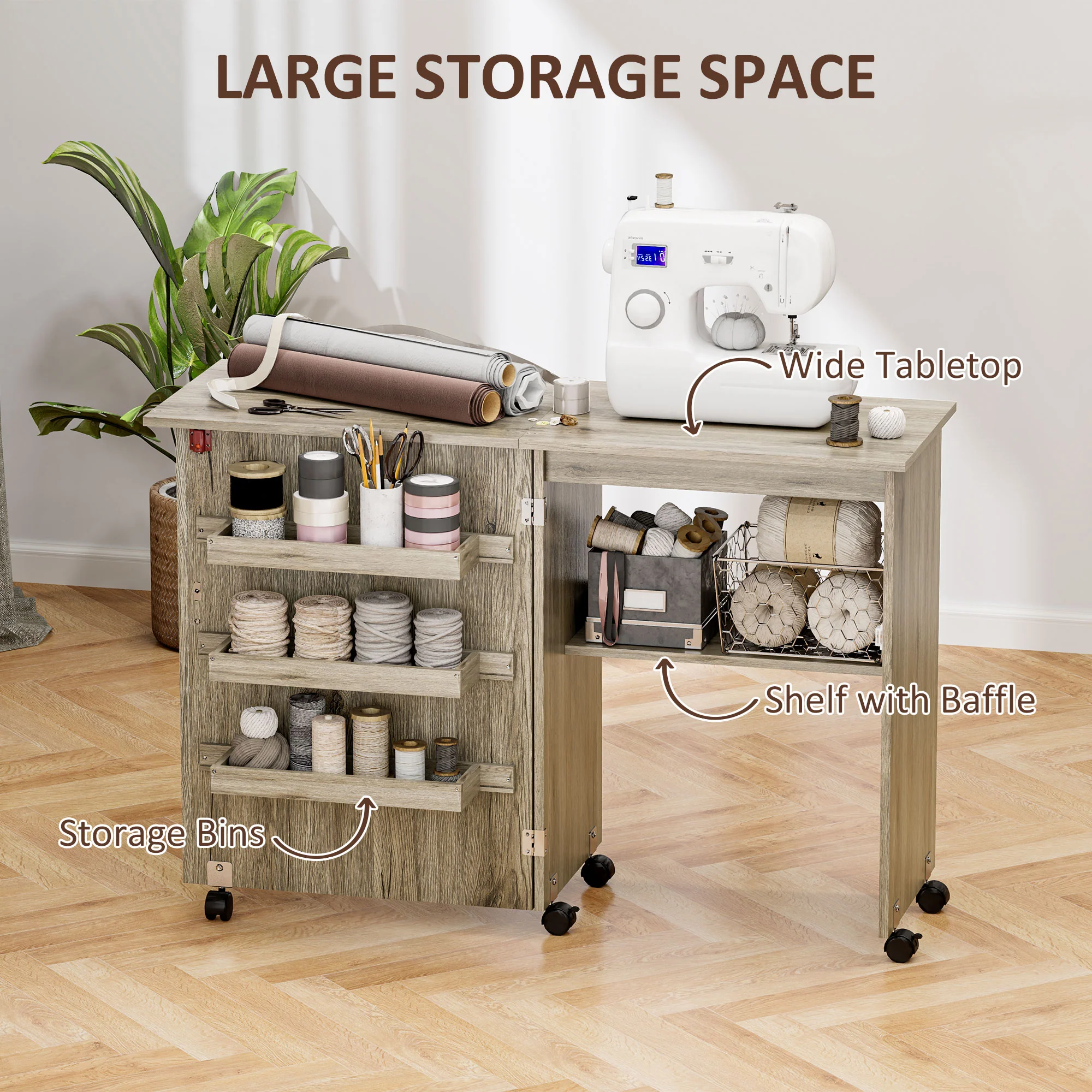 HOMCOM Folding Sewing Table Rolling Craft Table With Drop Leaf Wheels - Image 4