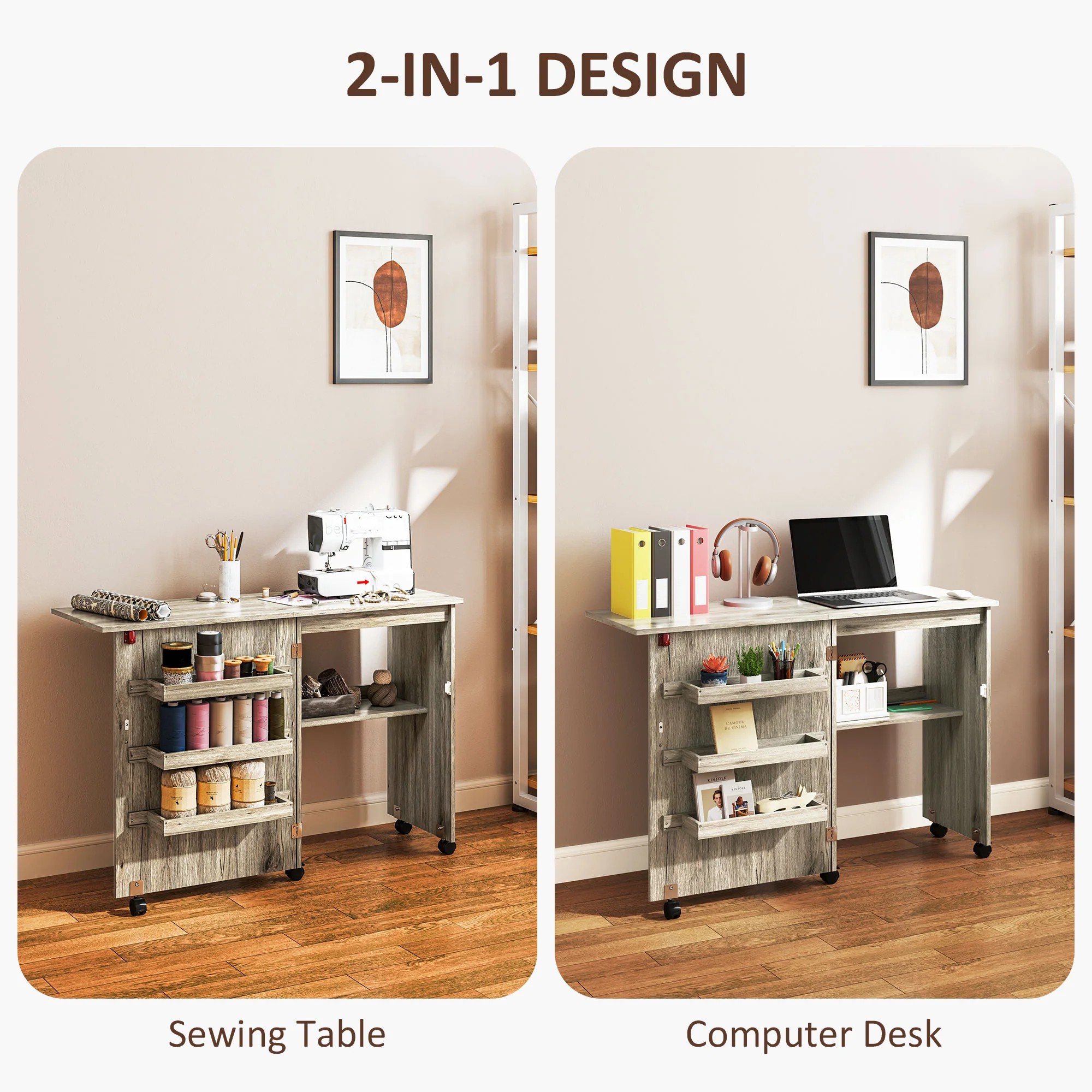 HOMCOM Folding Sewing Table Rolling Craft Table With Drop Leaf Wheels - Image 6