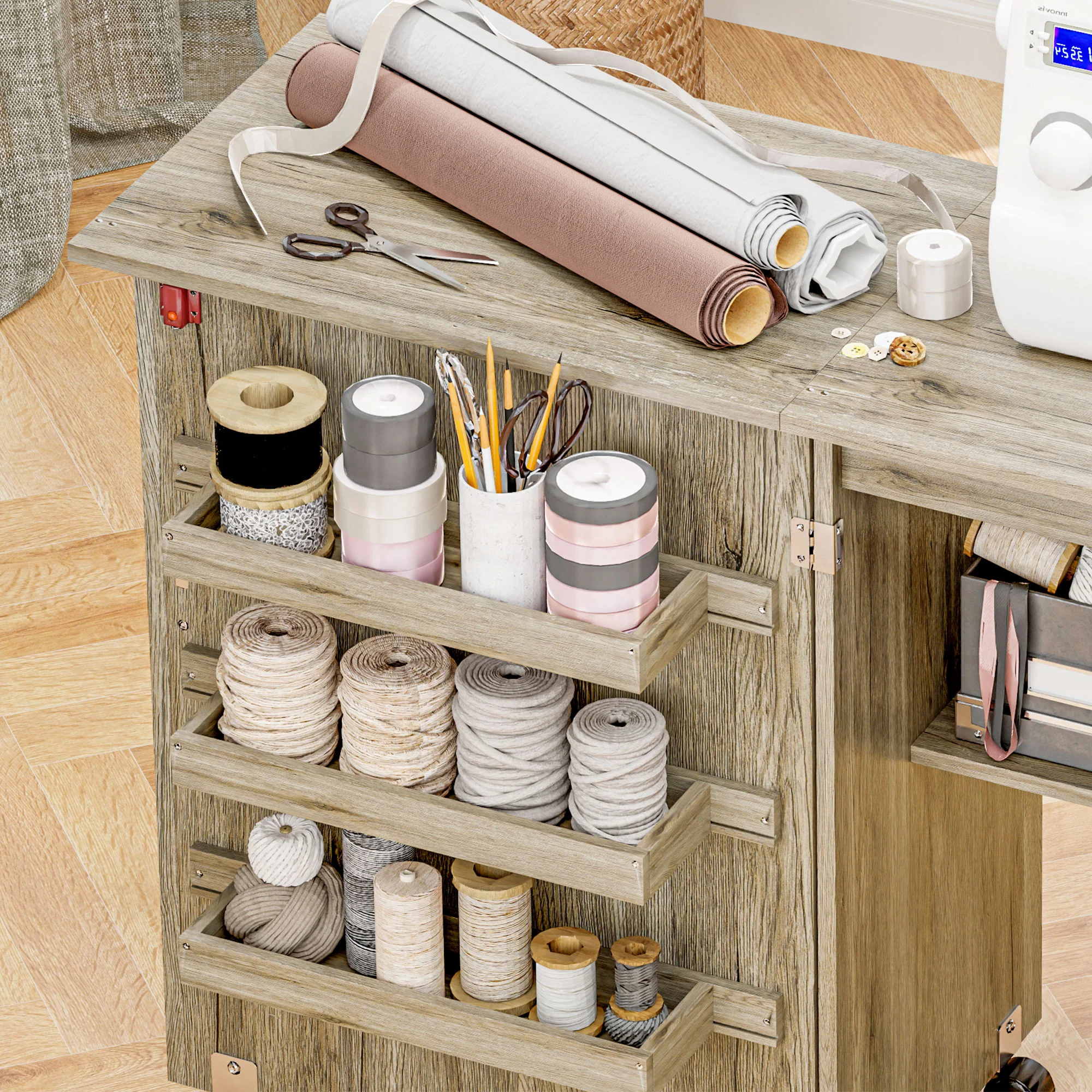 HOMCOM Folding Sewing Table Rolling Craft Table With Drop Leaf Wheels - Image 9