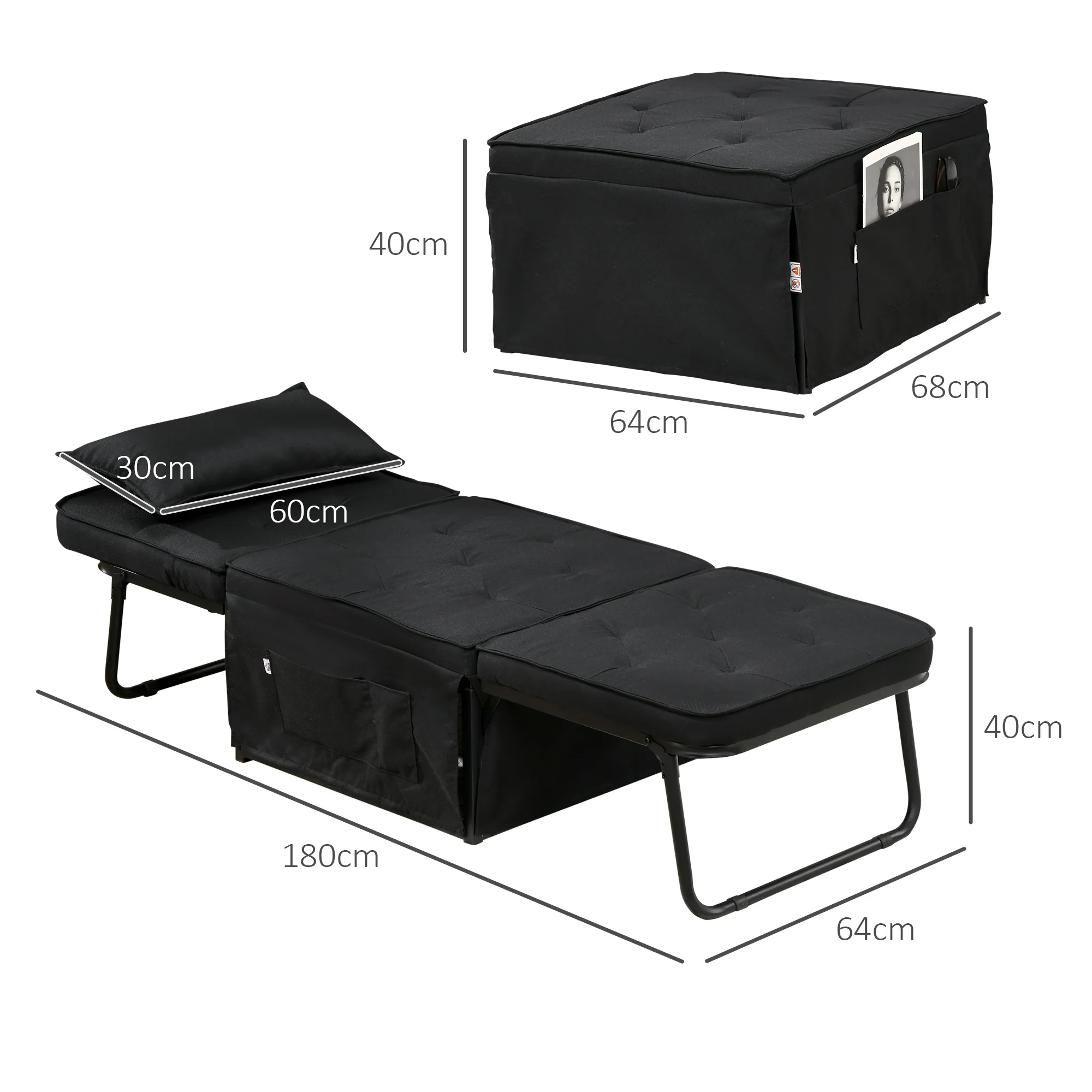 HOMCOM Folding Sleeper Chair Bed With Pillow And Side Pockets, Black - Image 5