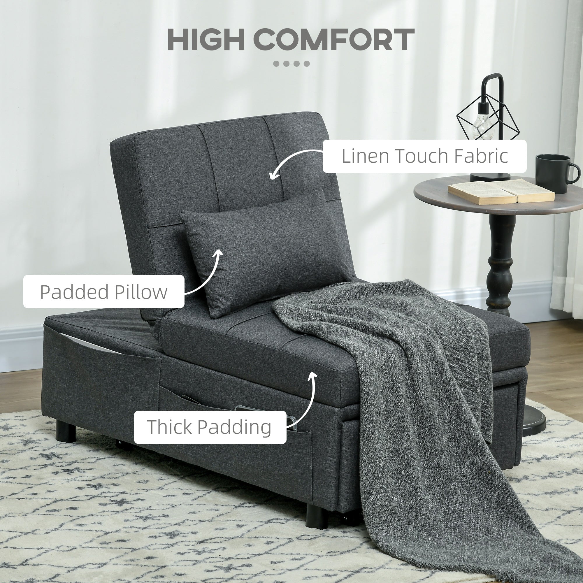 HOMCOM Folding Sofa Bed Adjustable Single Sleeper W/ Pillow Side Pocket, Grey - Image 3