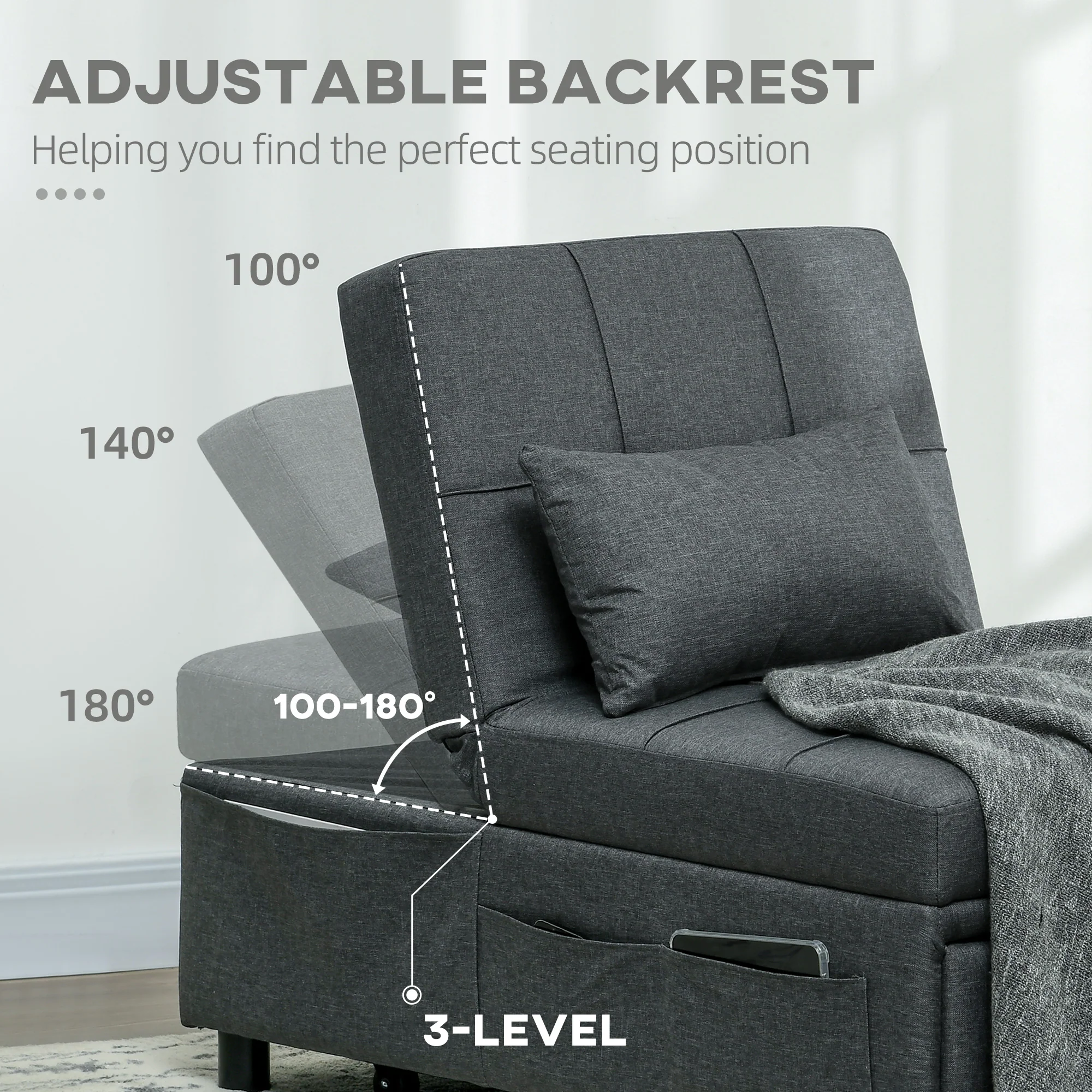 HOMCOM Folding Sofa Bed Adjustable Single Sleeper W/ Pillow Side Pocket, Grey - Image 4