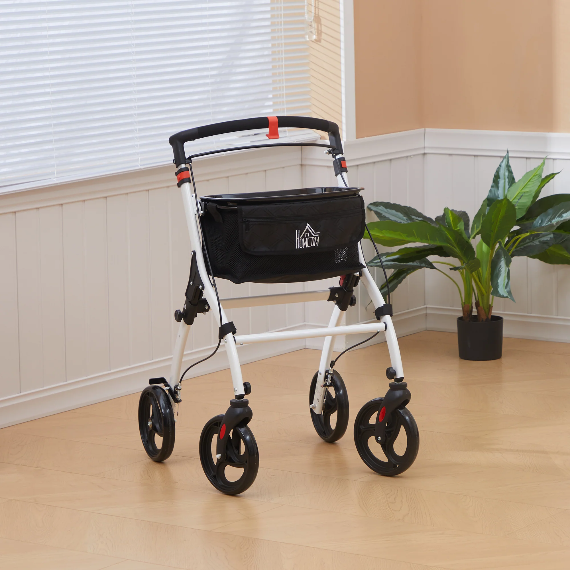 HOMCOM Folding Upright Rollator Walker With Storage Bag, Tray, White - Image 2
