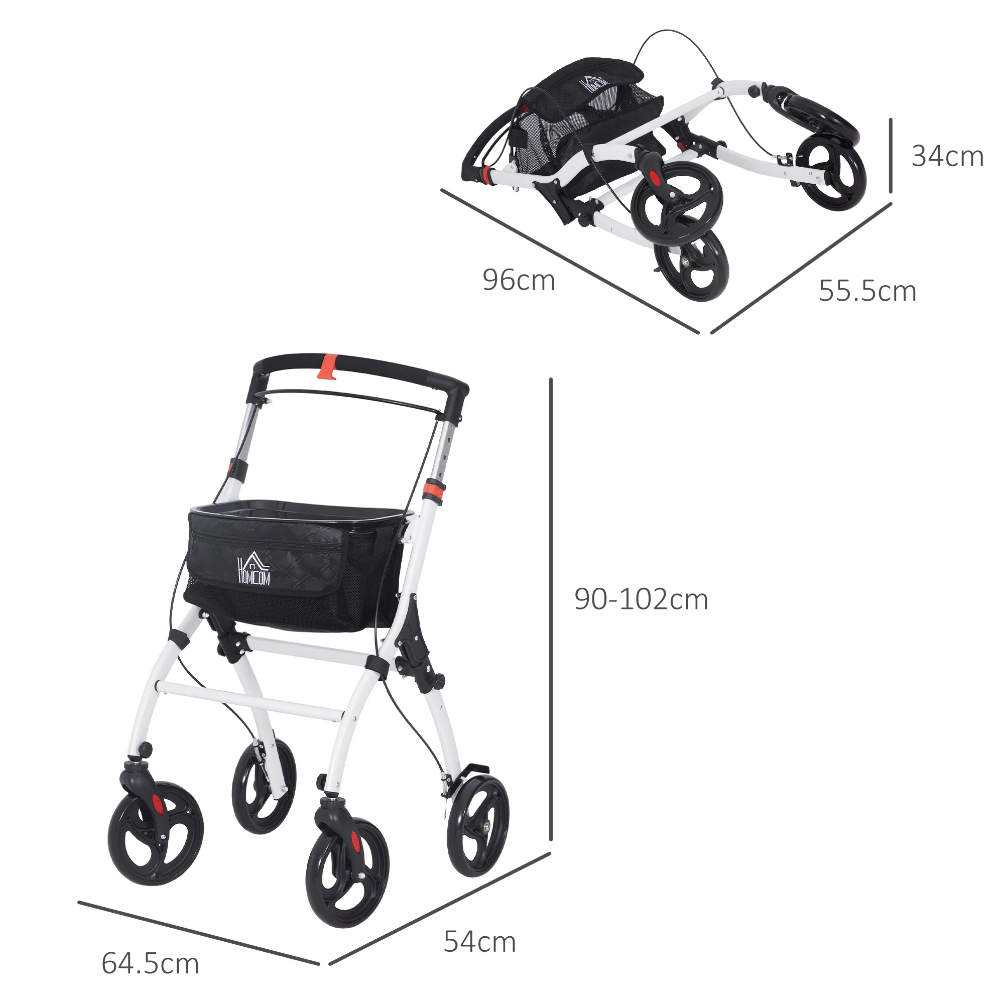 HOMCOM Folding Upright Rollator Walker With Storage Bag, Tray, White - Image 5