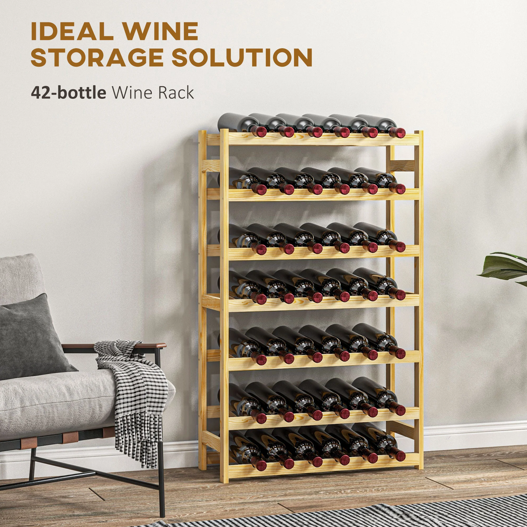 HOMCOM Free Standing Wooden Wine Rack 42 Bottles Holders, Natural - Image 3
