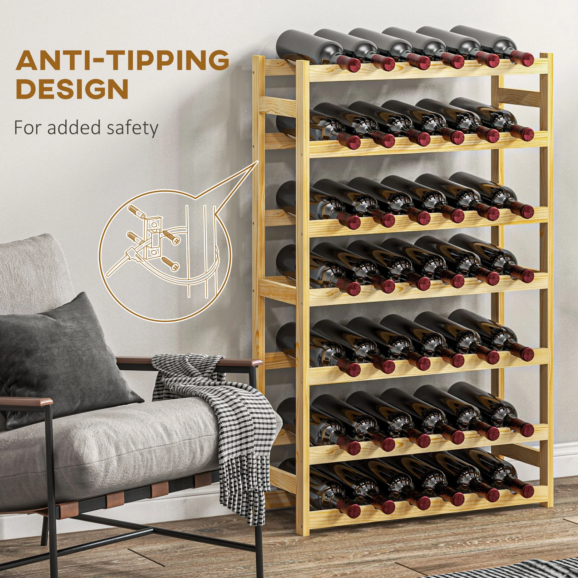 HOMCOM Free Standing Wooden Wine Rack 42 Bottles Holders, Natural - Image 6