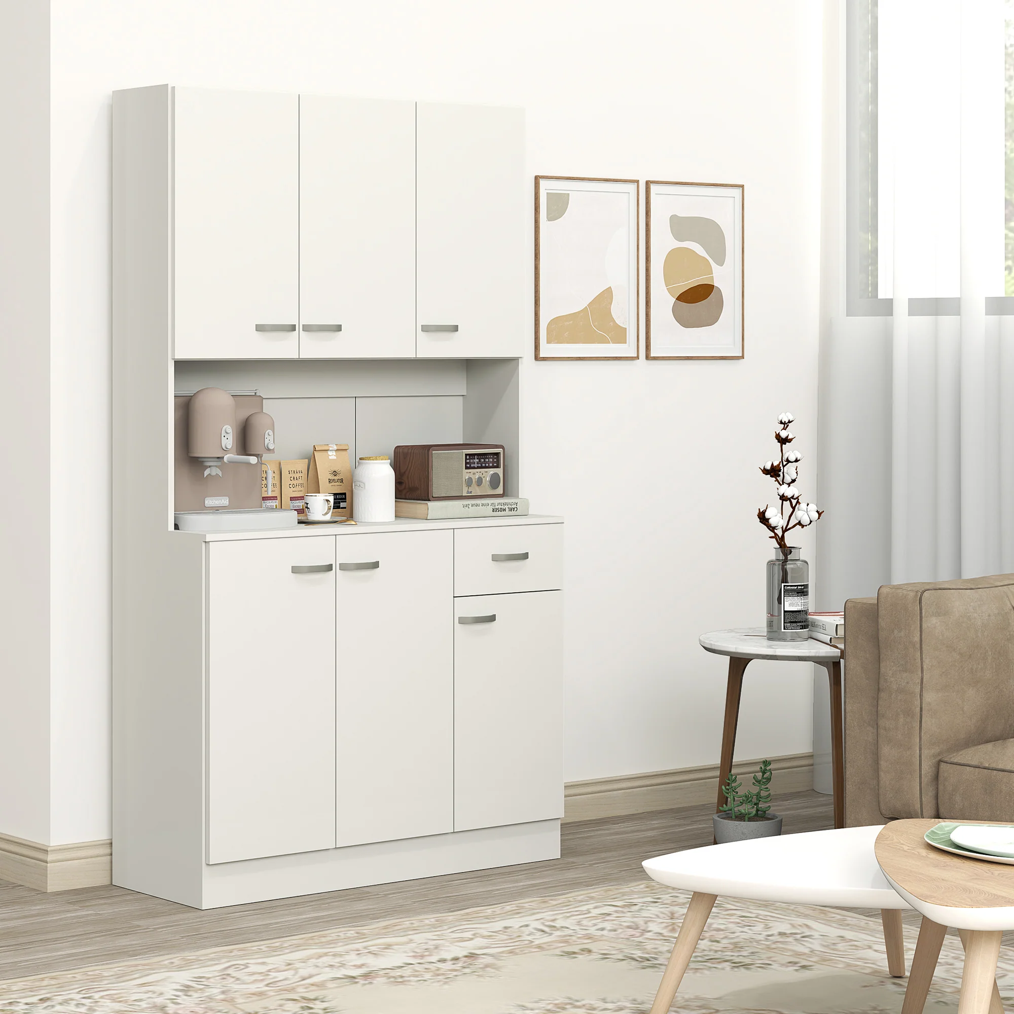 HOMCOM Freestanding Kitchen Cupboard, Storage Cabinet With Doors Cream White - Image 7