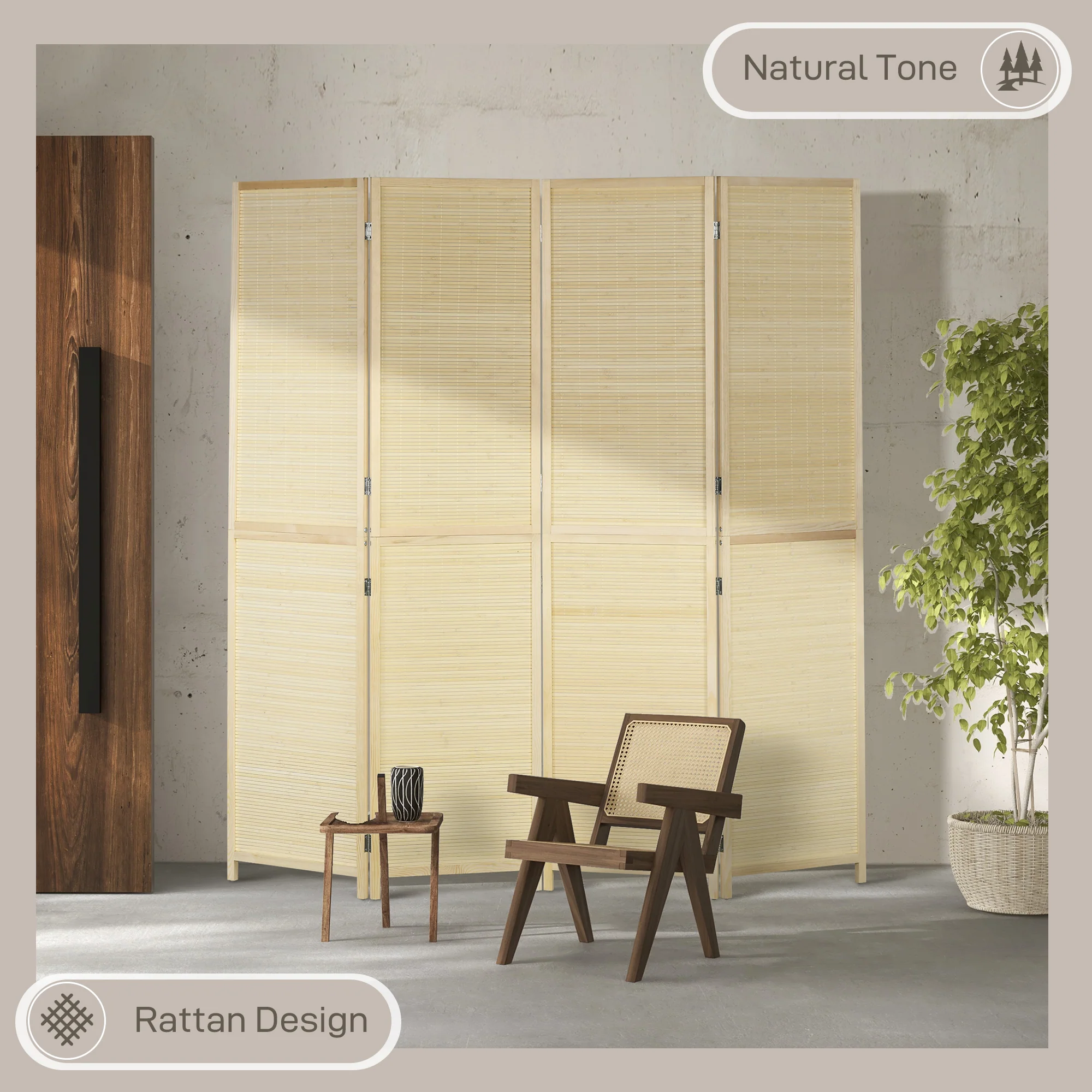HOMCOM Freestanding Room Divider 4 Panel Folding Natural, 180 X 180cm - Image 4