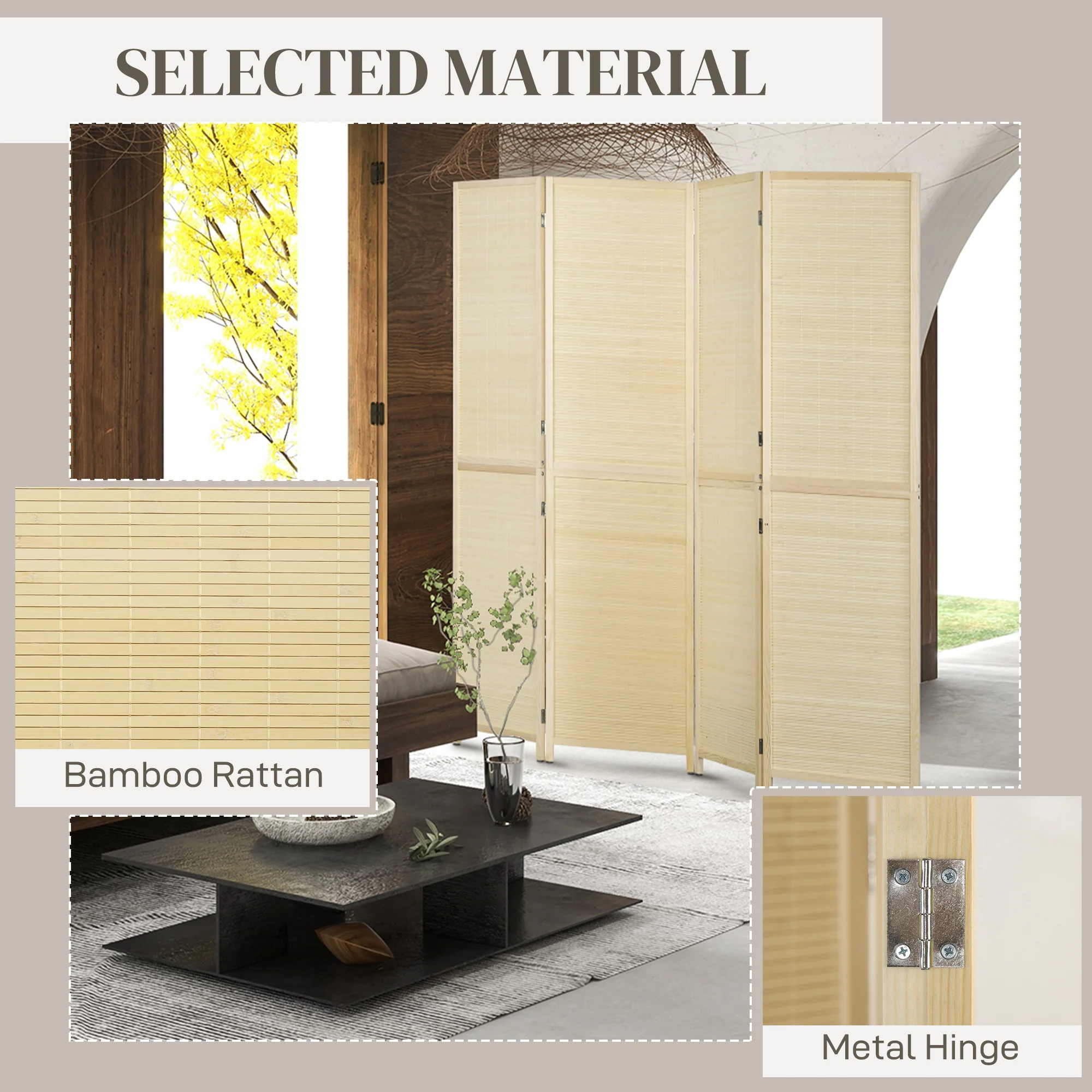 HOMCOM Freestanding Room Divider 4 Panel Folding Natural, 180 X 180cm - Image 6