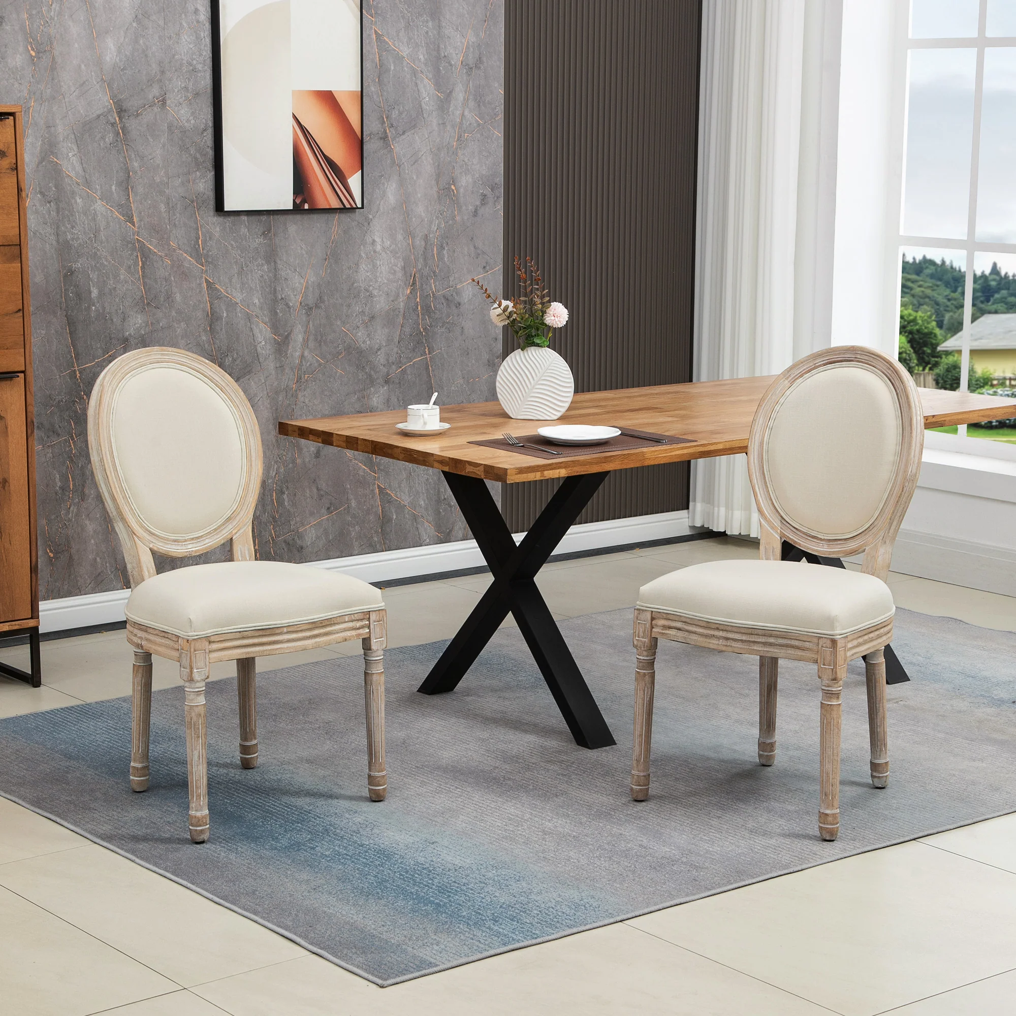 HOMCOM French-Style Dining Chairs Set Of 2 With Linen Upholstery, Cream - Image 2
