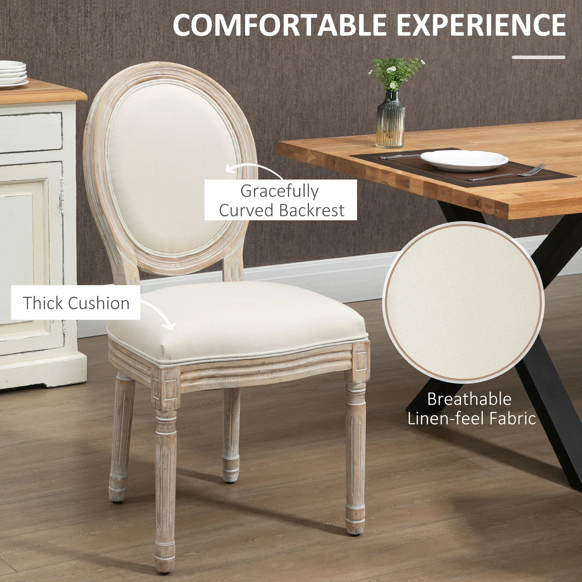 HOMCOM French-Style Dining Chairs Set Of 2 With Linen Upholstery, Cream - Image 4