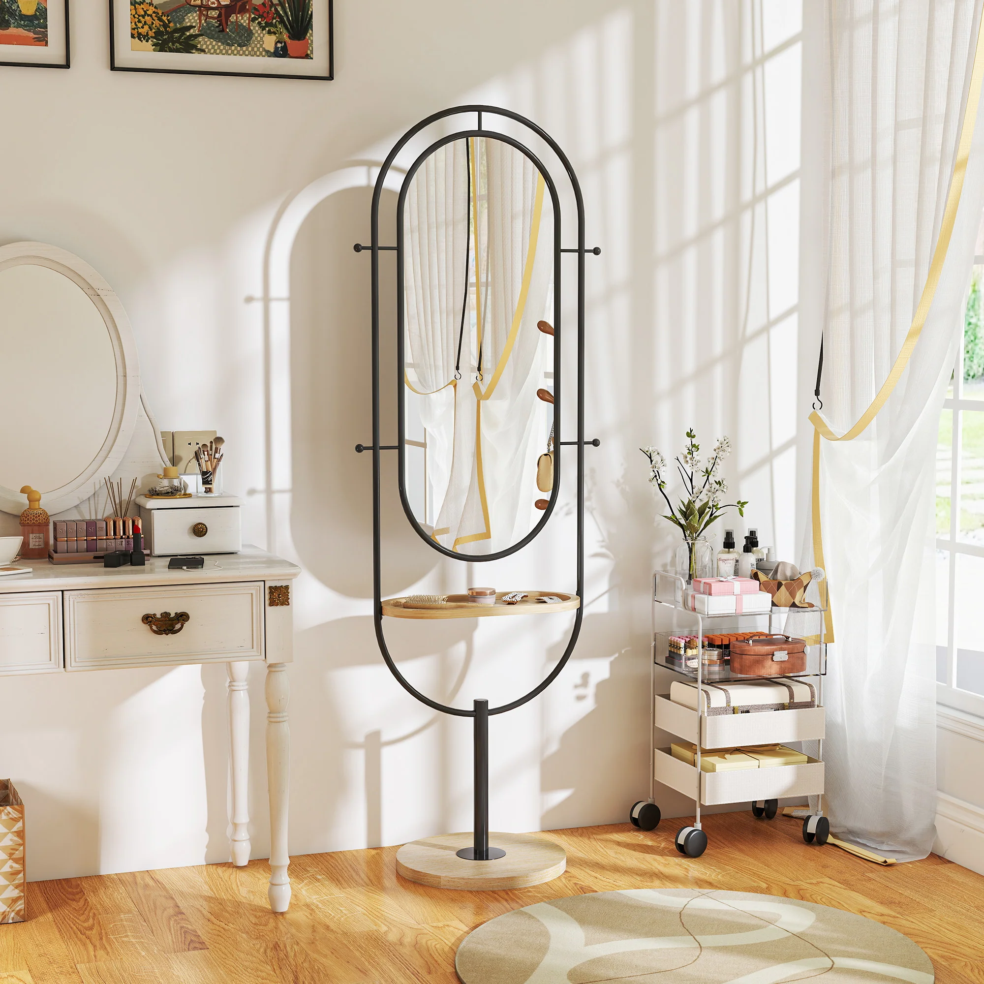 HOMCOM Full Length Mirror, Free Standing Mirror with Tray and Hooks, Black - Image 2