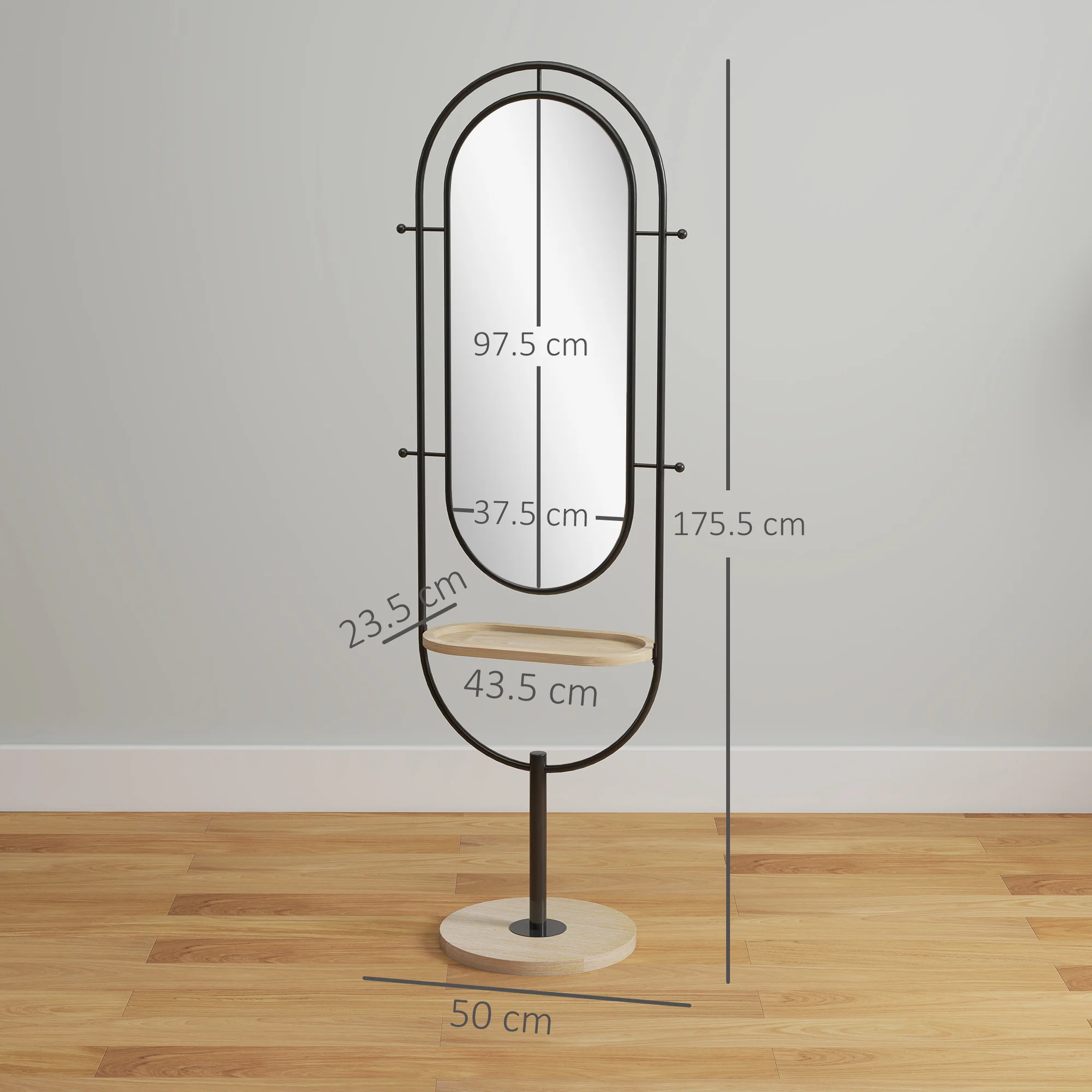 HOMCOM Full Length Mirror, Free Standing Mirror with Tray and Hooks, Black - Image 5