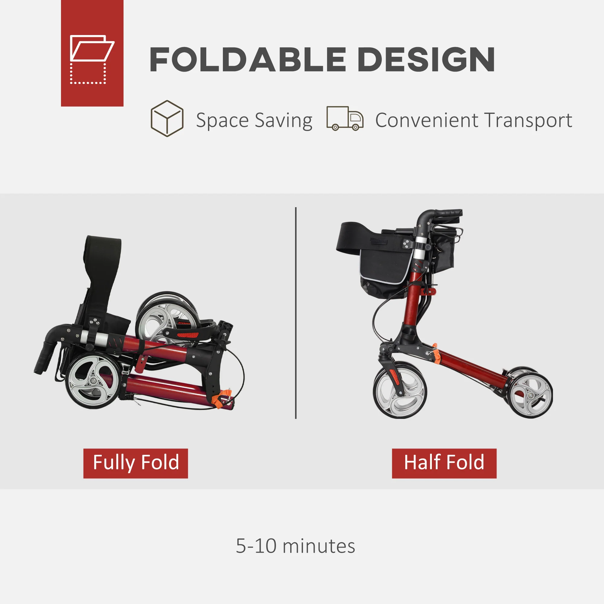 HOMCOM Fully Folding Rollator Walker with Seat, Backrest, Bag, Red - Image 3