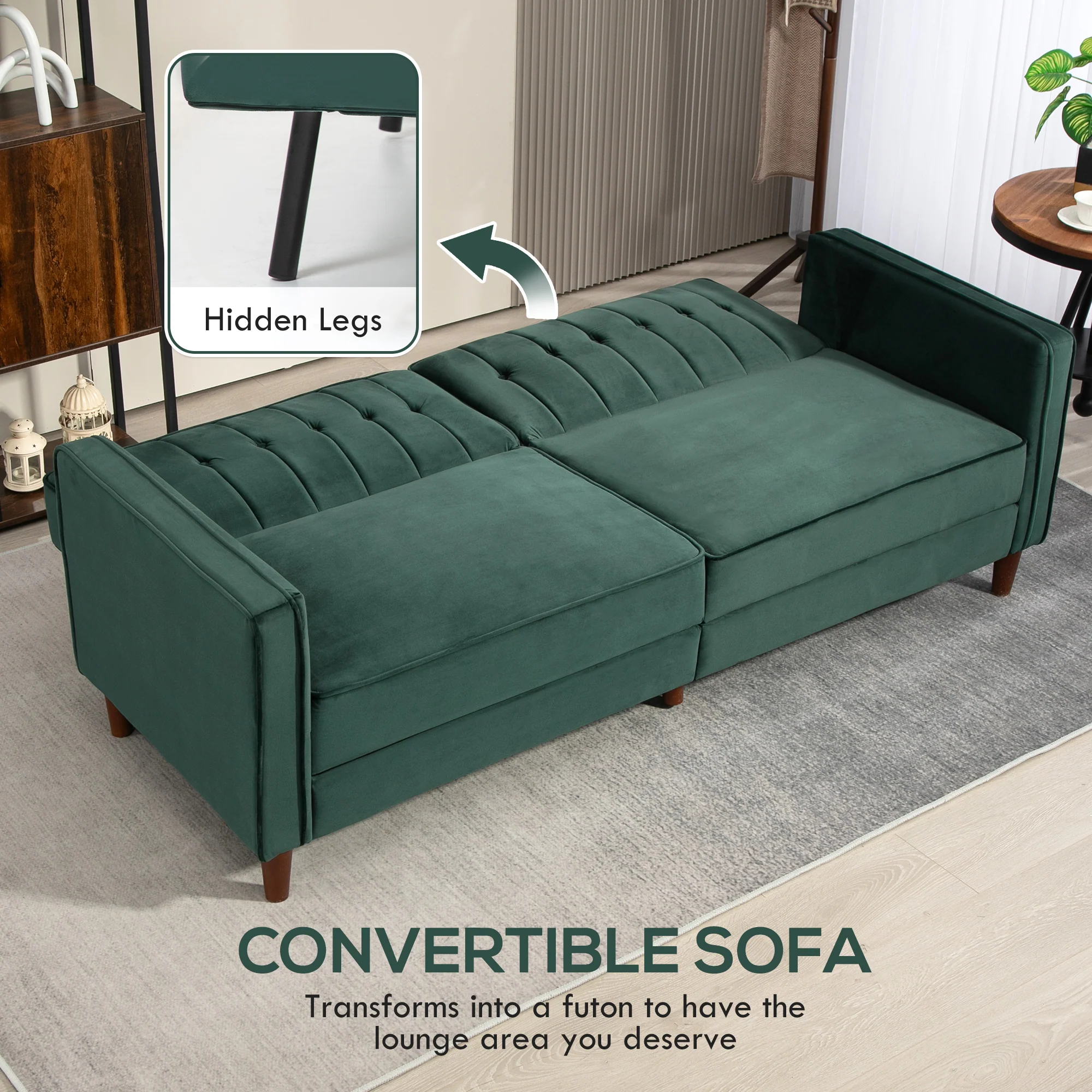 HOMCOM Green Convertible Sofa Futon Velvet-Touch Tufted Couch Sofa Bed - Image 4