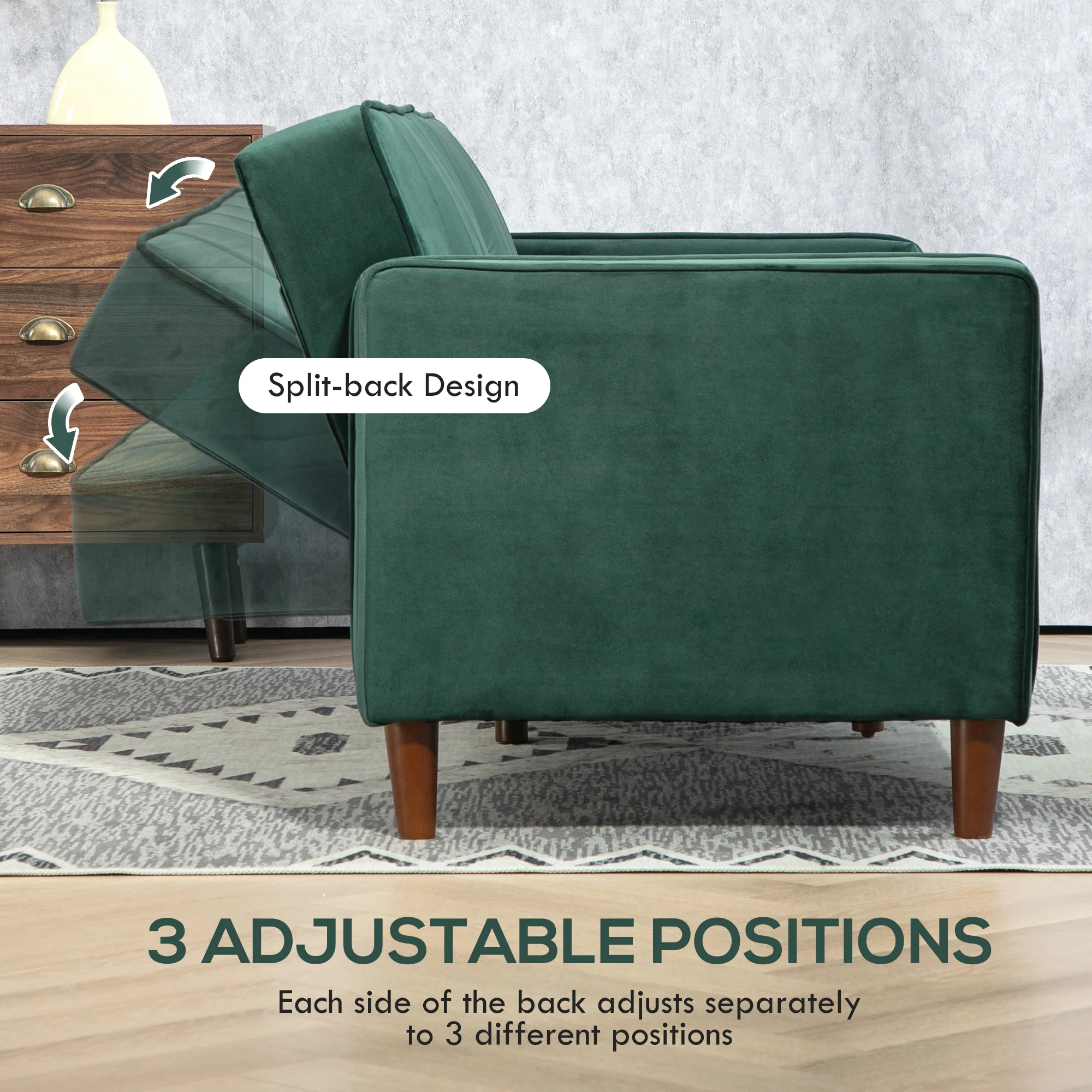 HOMCOM Green Convertible Sofa Futon Velvet-Touch Tufted Couch Sofa Bed - Image 5