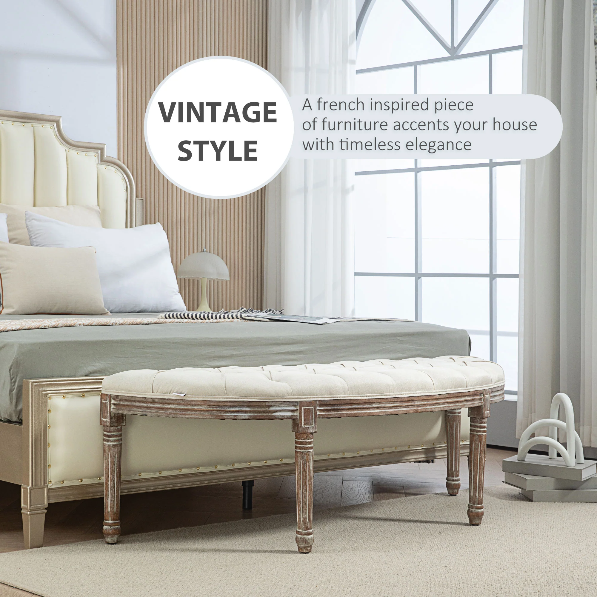 HOMCOM Half-Circle End Bench Ottoman Footstool Button Tufting Padded Seat Cream - Image 3