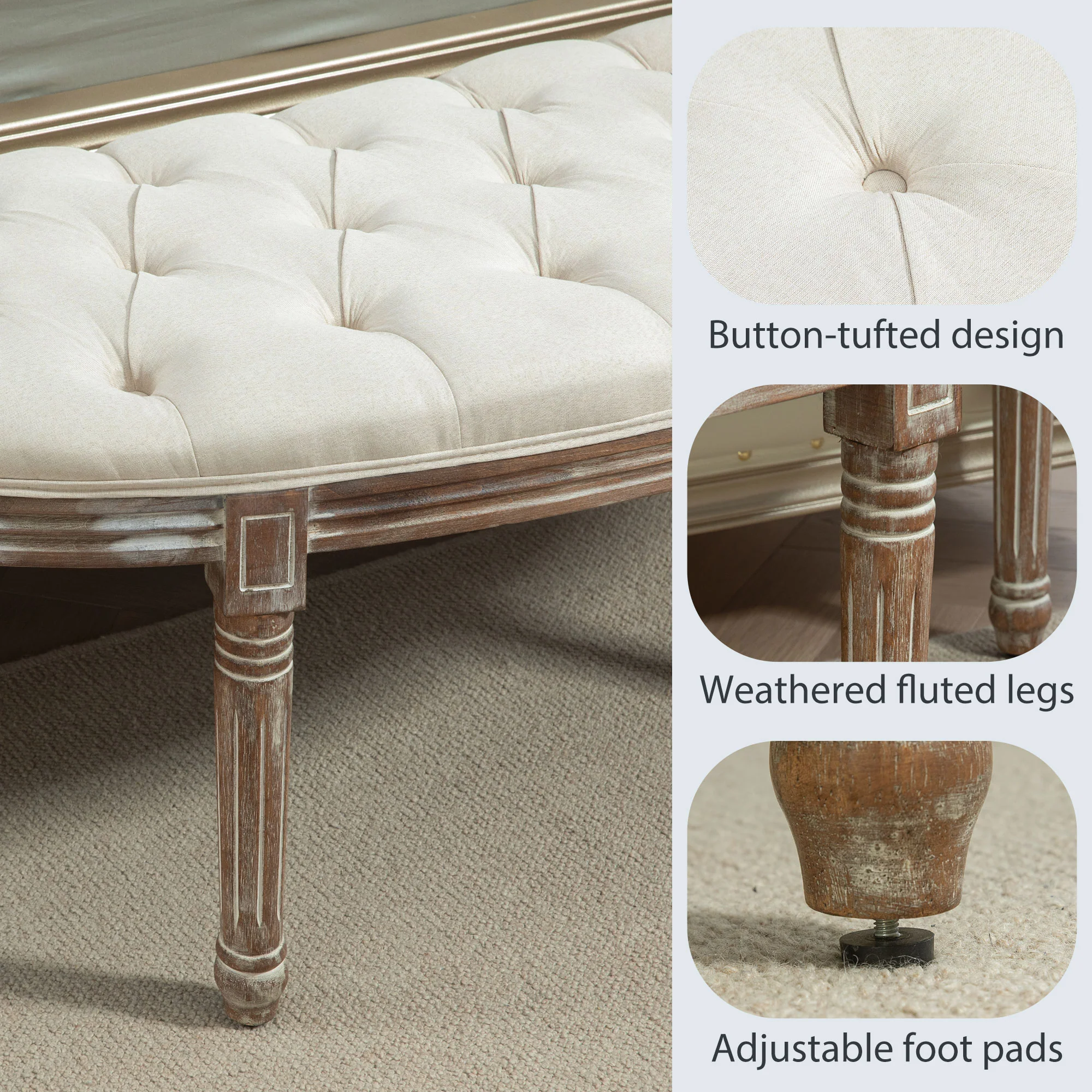 HOMCOM Half-Circle End Bench Ottoman Footstool Button Tufting Padded Seat Cream - Image 6