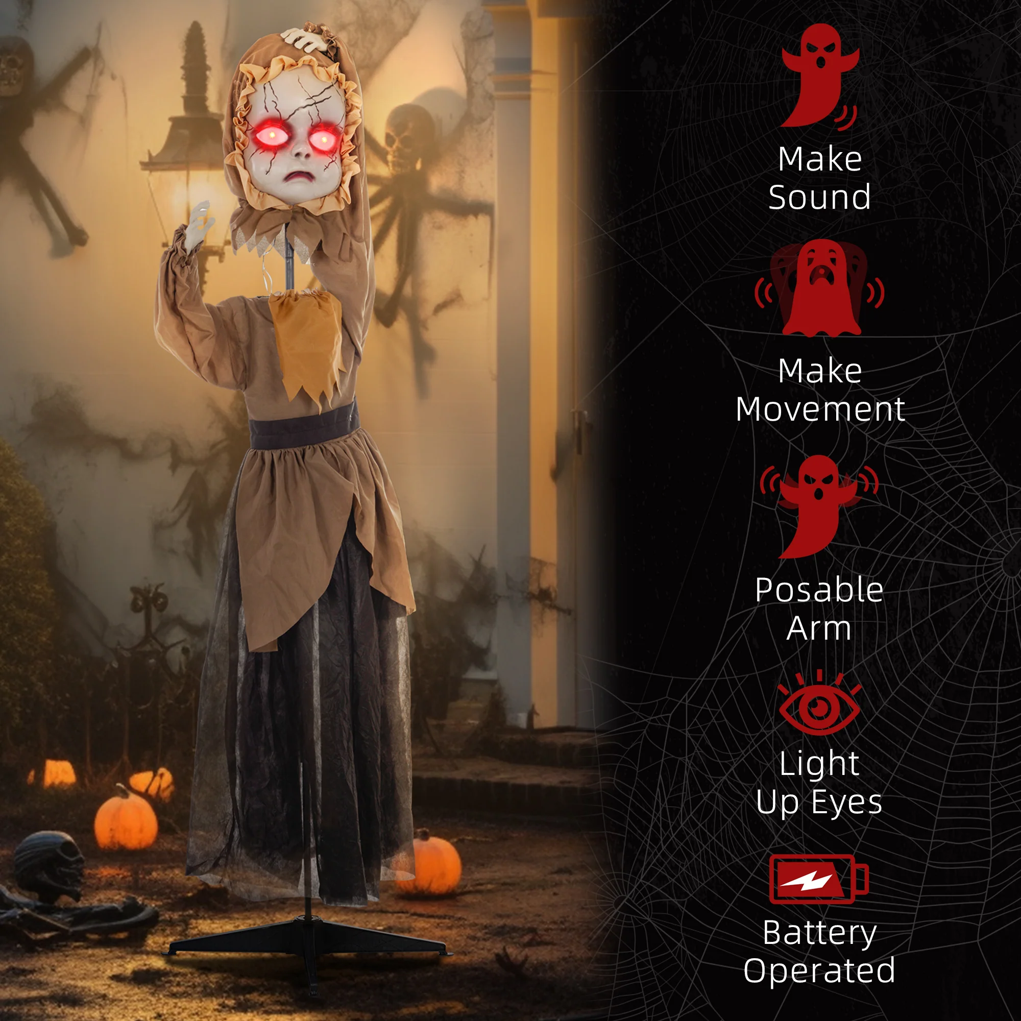 HOMCOM Halloween Doll Animatronic Prop with Light Up Eyes for Party - Image 7