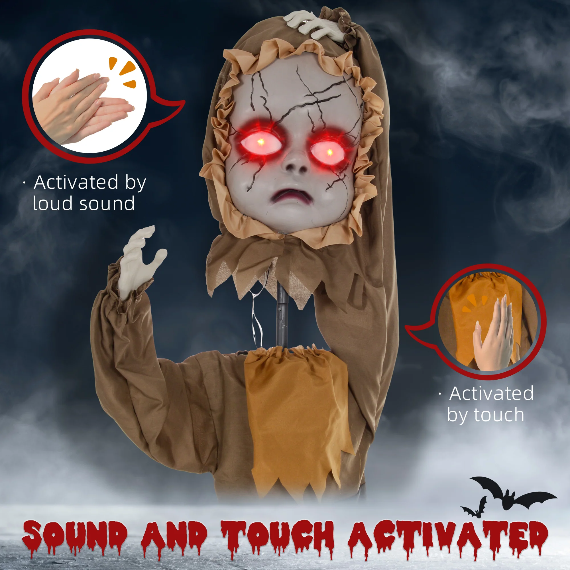 HOMCOM Halloween Doll Animatronic Prop with Light Up Eyes for Party - Image 6