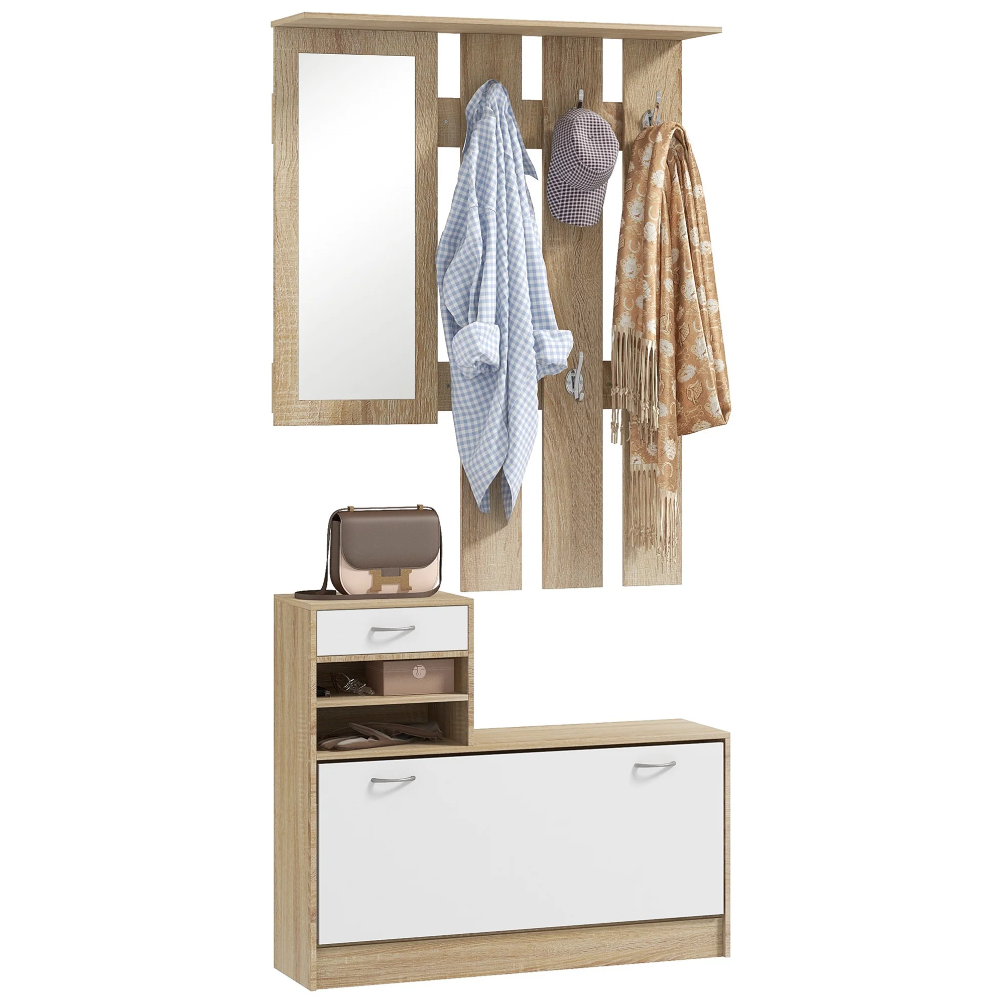 HOMCOM Hallway Furniture Set With Shoe Cabinet, Coat Rack And Mirror - Image 10