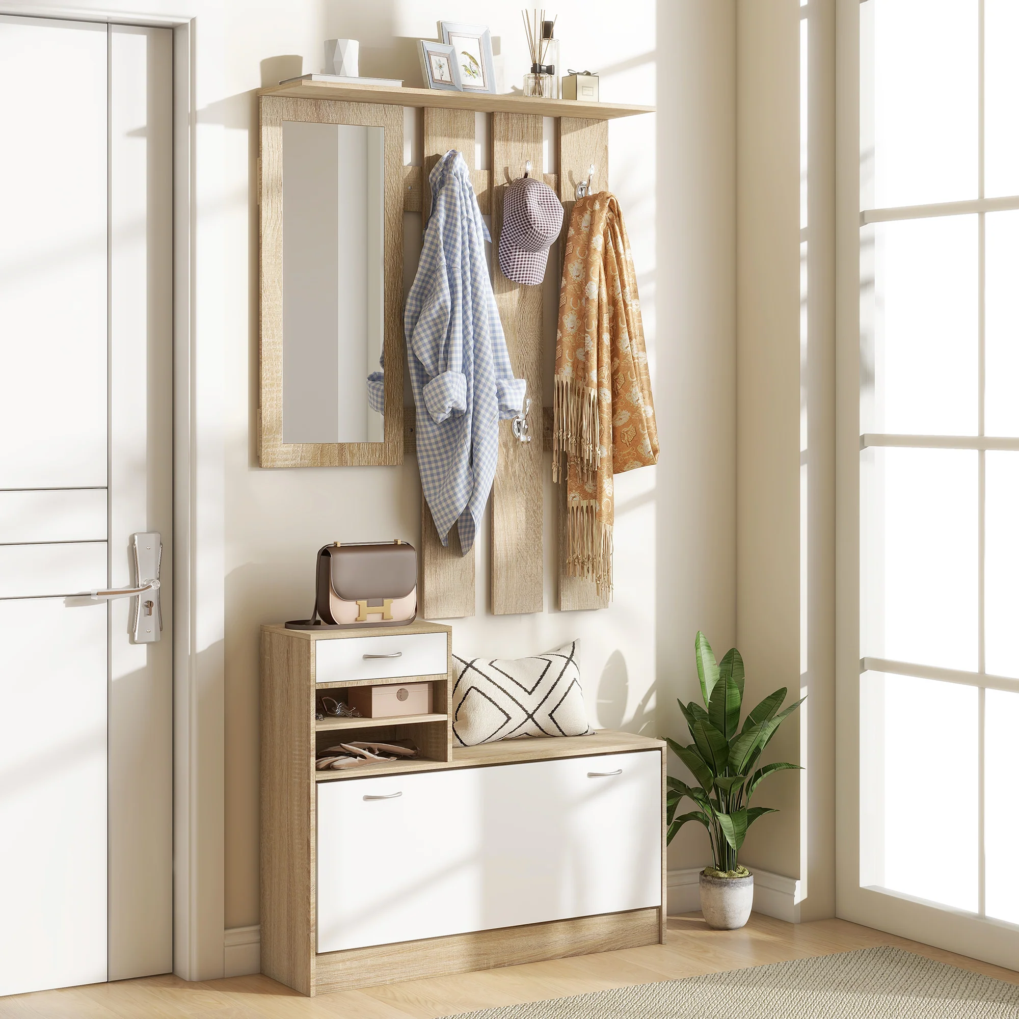 HOMCOM Hallway Furniture Set With Shoe Cabinet, Coat Rack And Mirror - Image 11