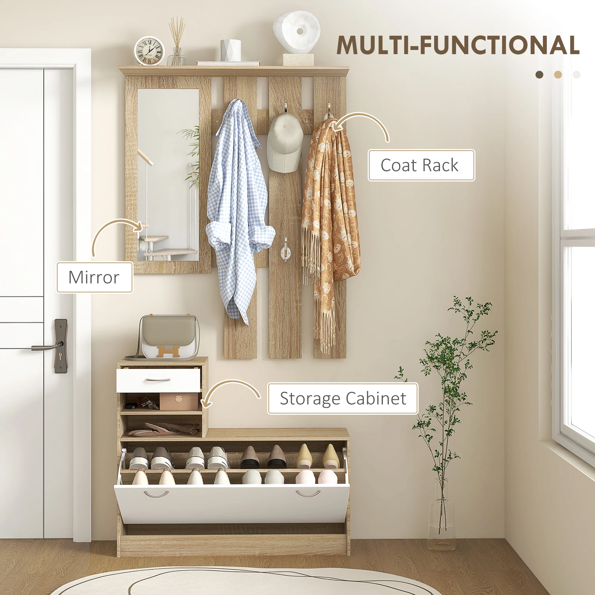 HOMCOM Hallway Furniture Set With Shoe Cabinet, Coat Rack And Mirror - Image 12