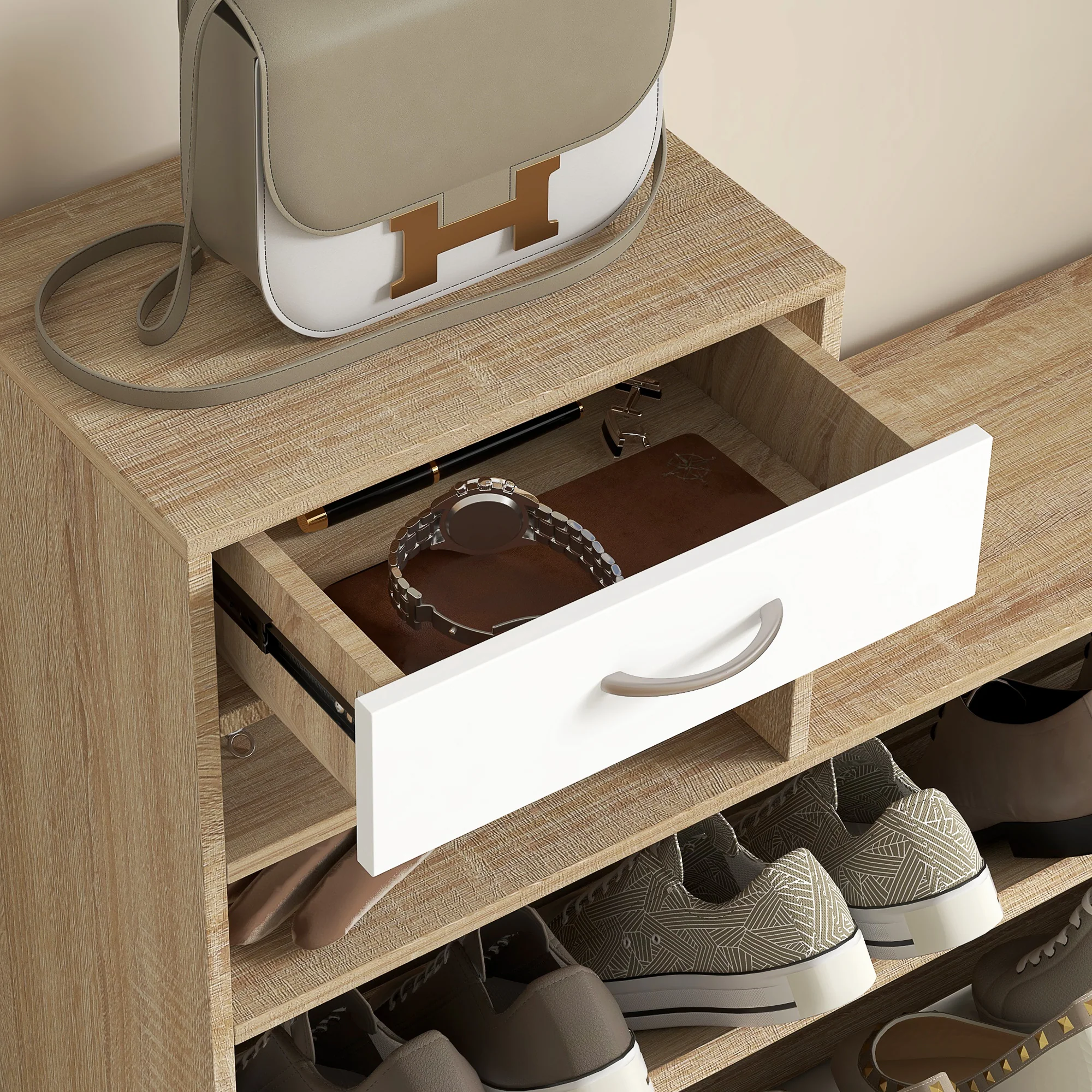 HOMCOM Hallway Furniture Set With Shoe Cabinet, Coat Rack And Mirror - Image 17