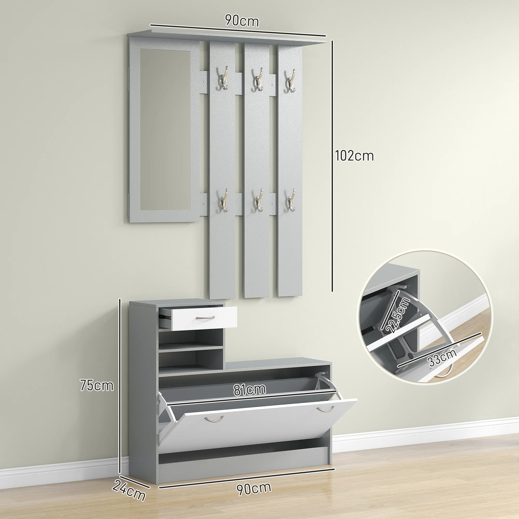 HOMCOM Hallway Furniture Set With Shoe Cabinet, Coat Rack And Mirror - Image 5