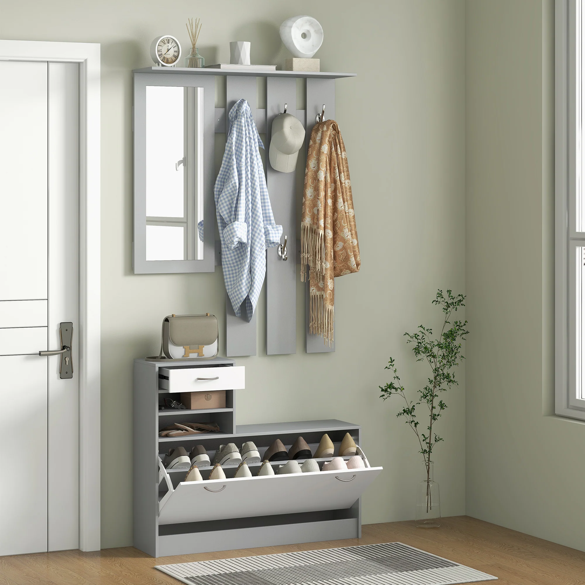 HOMCOM Hallway Furniture Set With Shoe Cabinet, Coat Rack And Mirror - Image 7