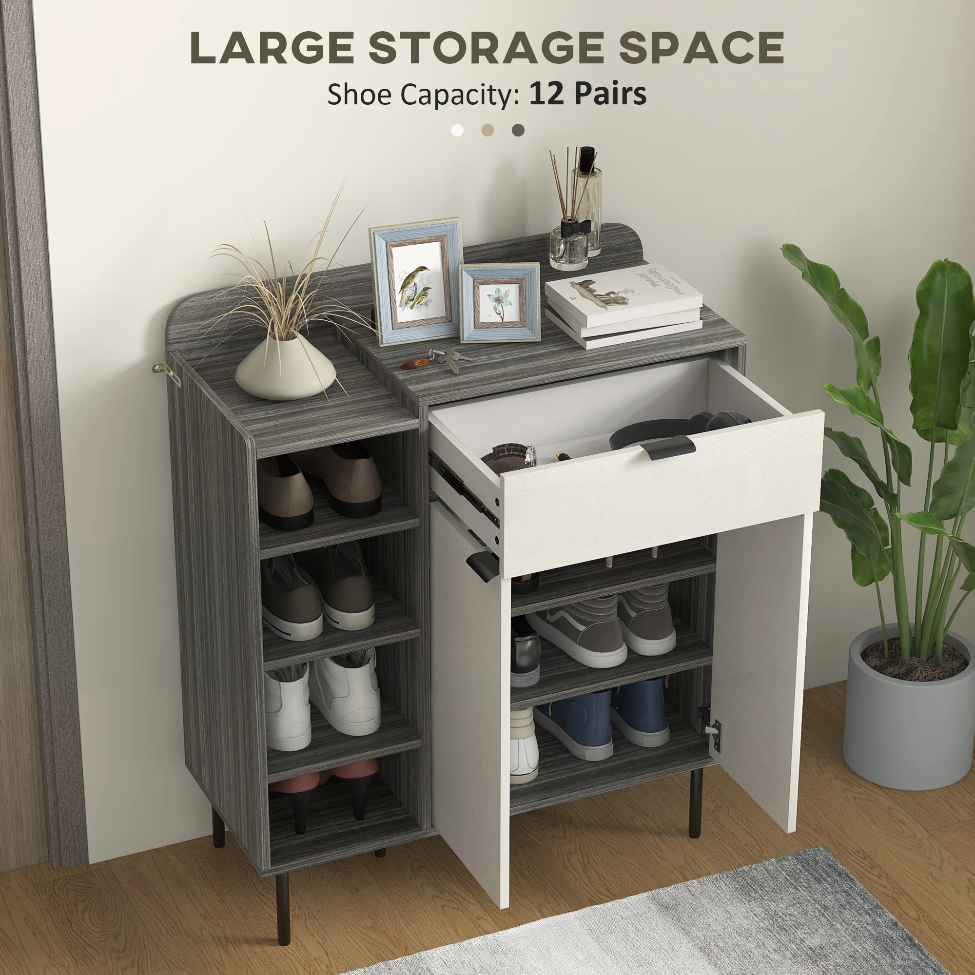 HOMCOM Hallway Shoe Cabinet With 3 Adjustable Shelves Graphite Wood Effect - Image 4