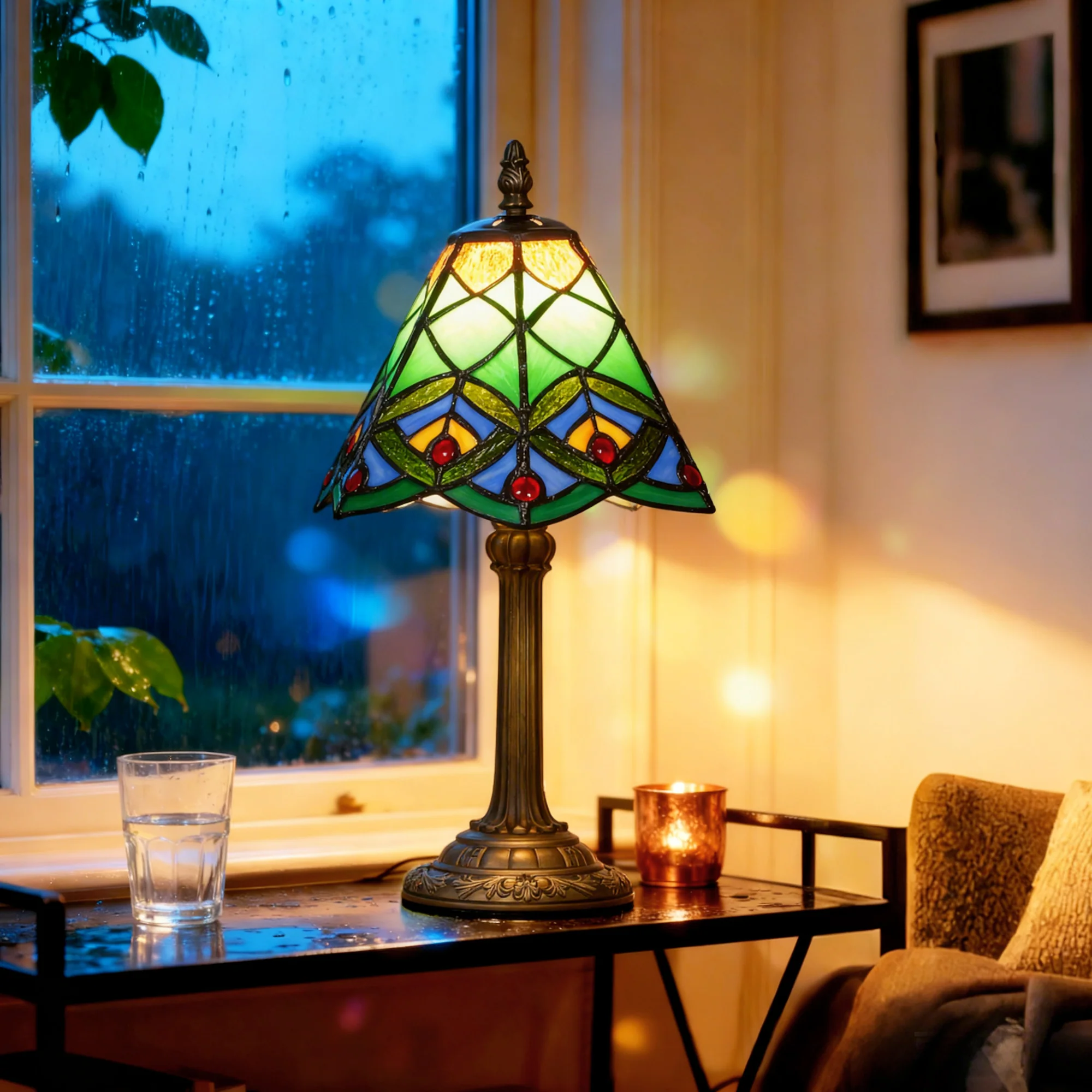 HOMCOM Handcrafted Stained Glass Bedside Lamp, Tiffany Style Table Lamp - Image 2