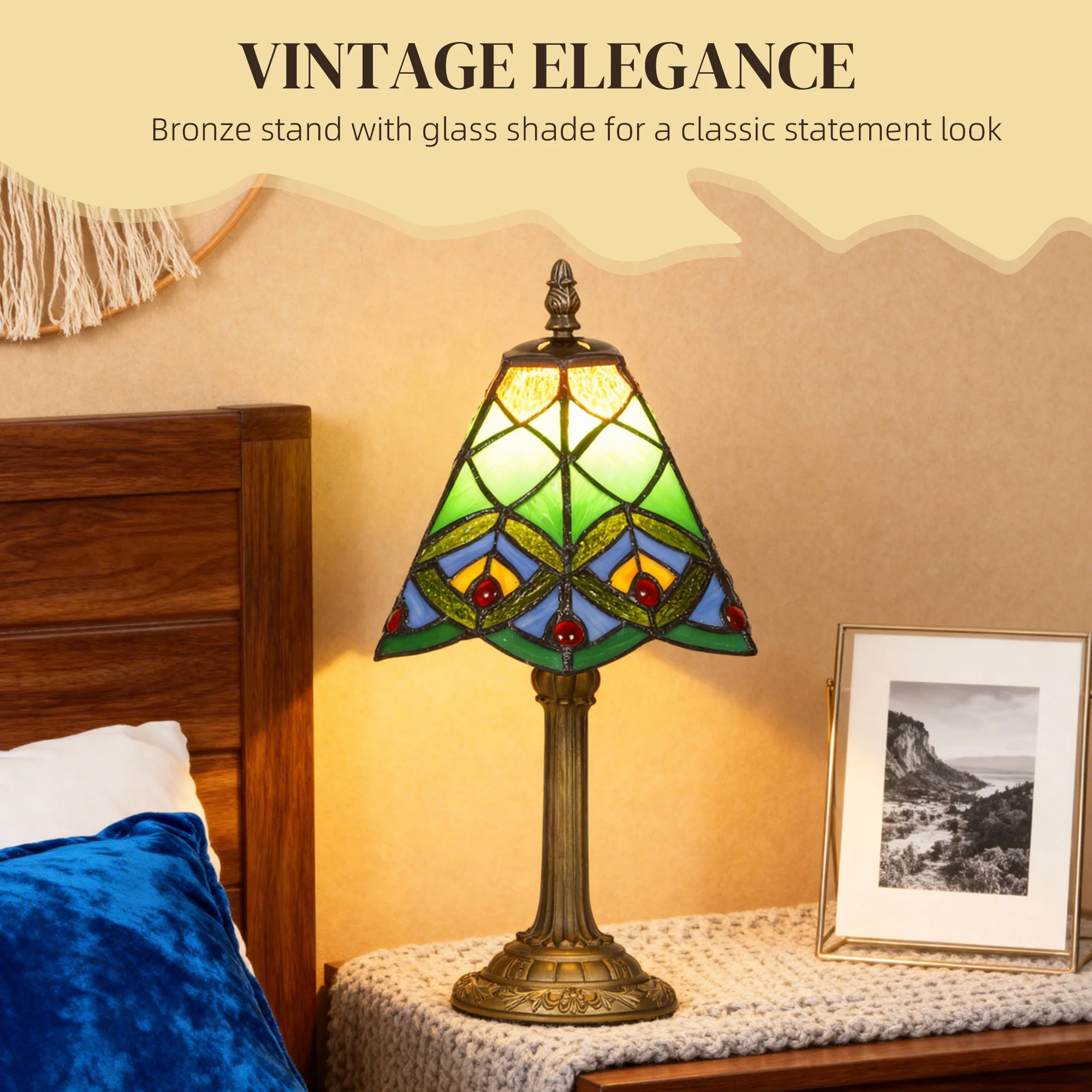 HOMCOM Handcrafted Stained Glass Bedside Lamp, Tiffany Style Table Lamp - Image 3