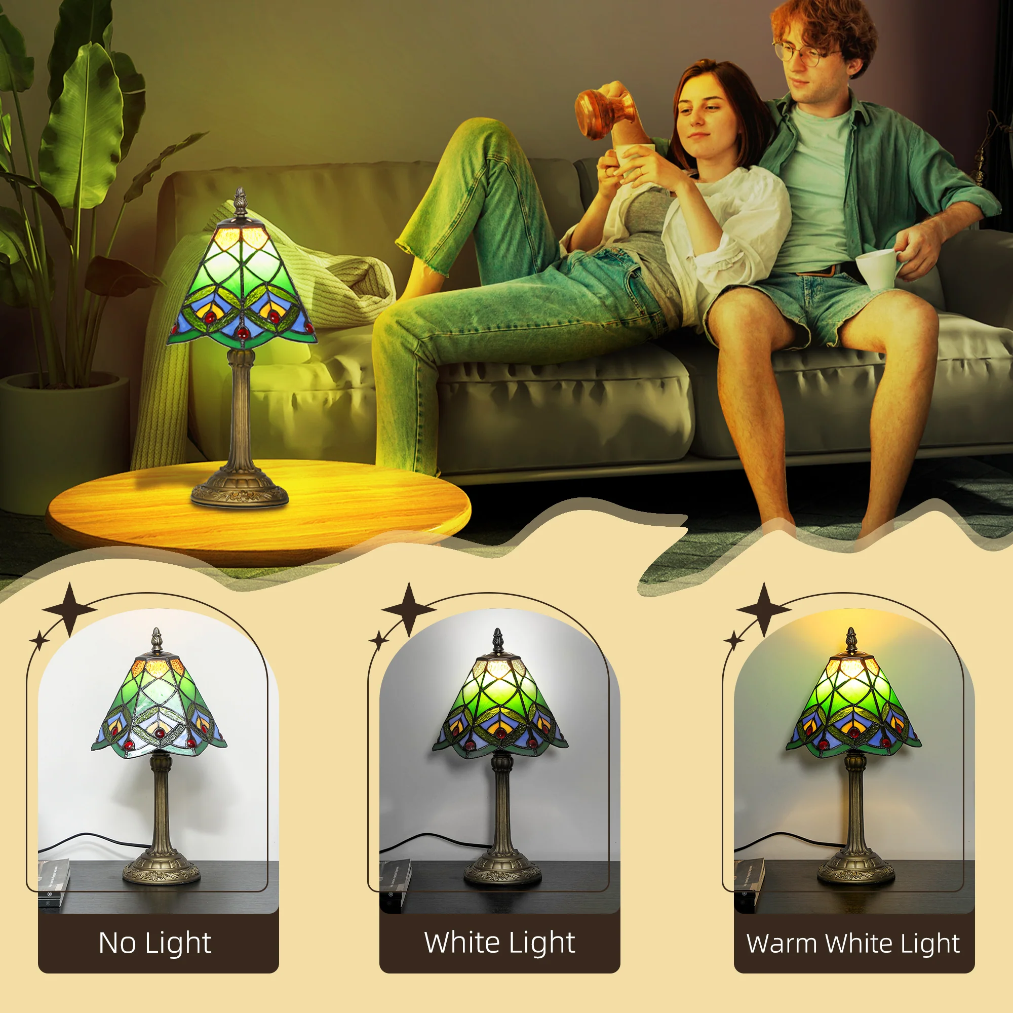 HOMCOM Handcrafted Stained Glass Bedside Lamp, Tiffany Style Table Lamp - Image 6