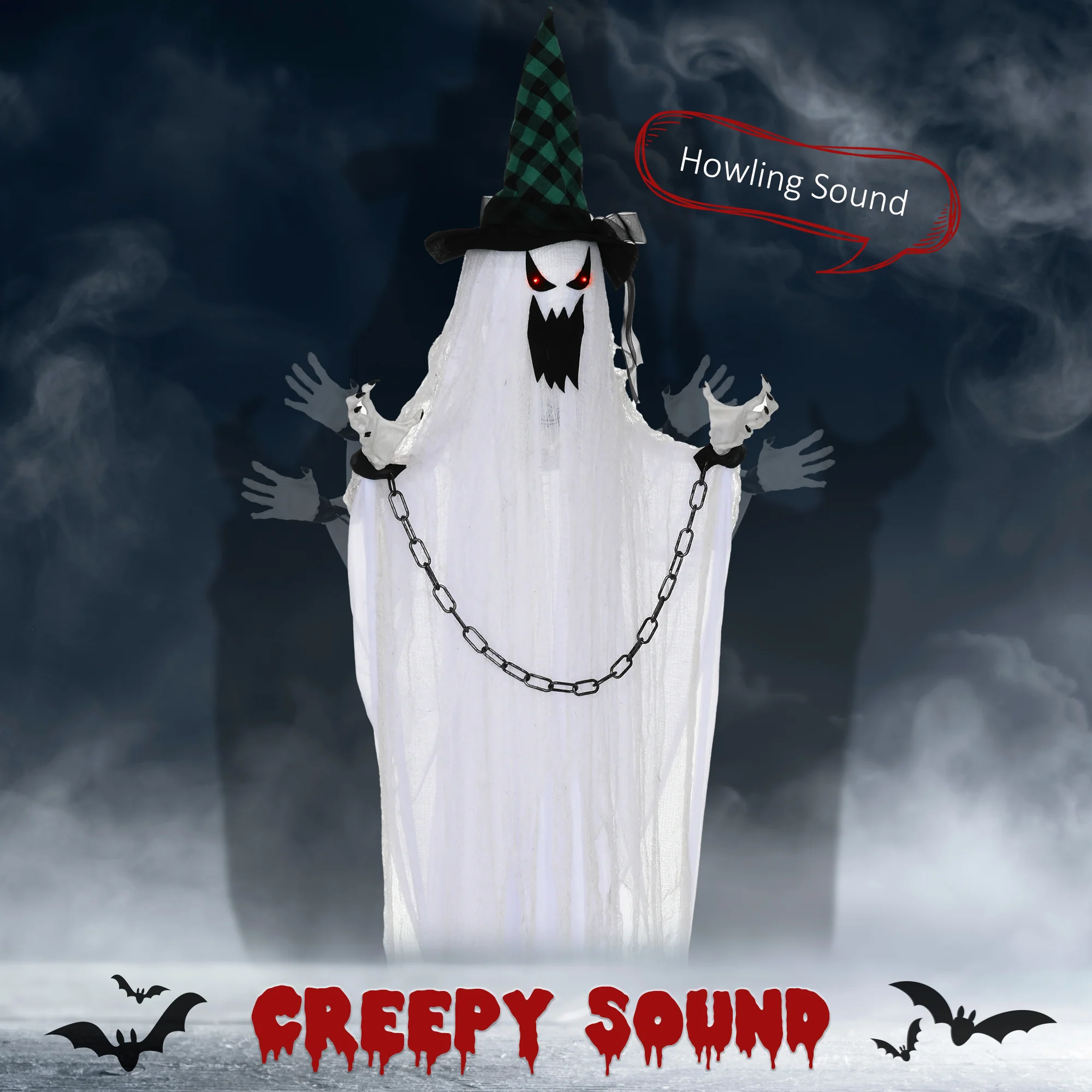 HOMCOM Hanging Halloween Ghost Animatronic Prop for Indoor Outdoor - Image 4